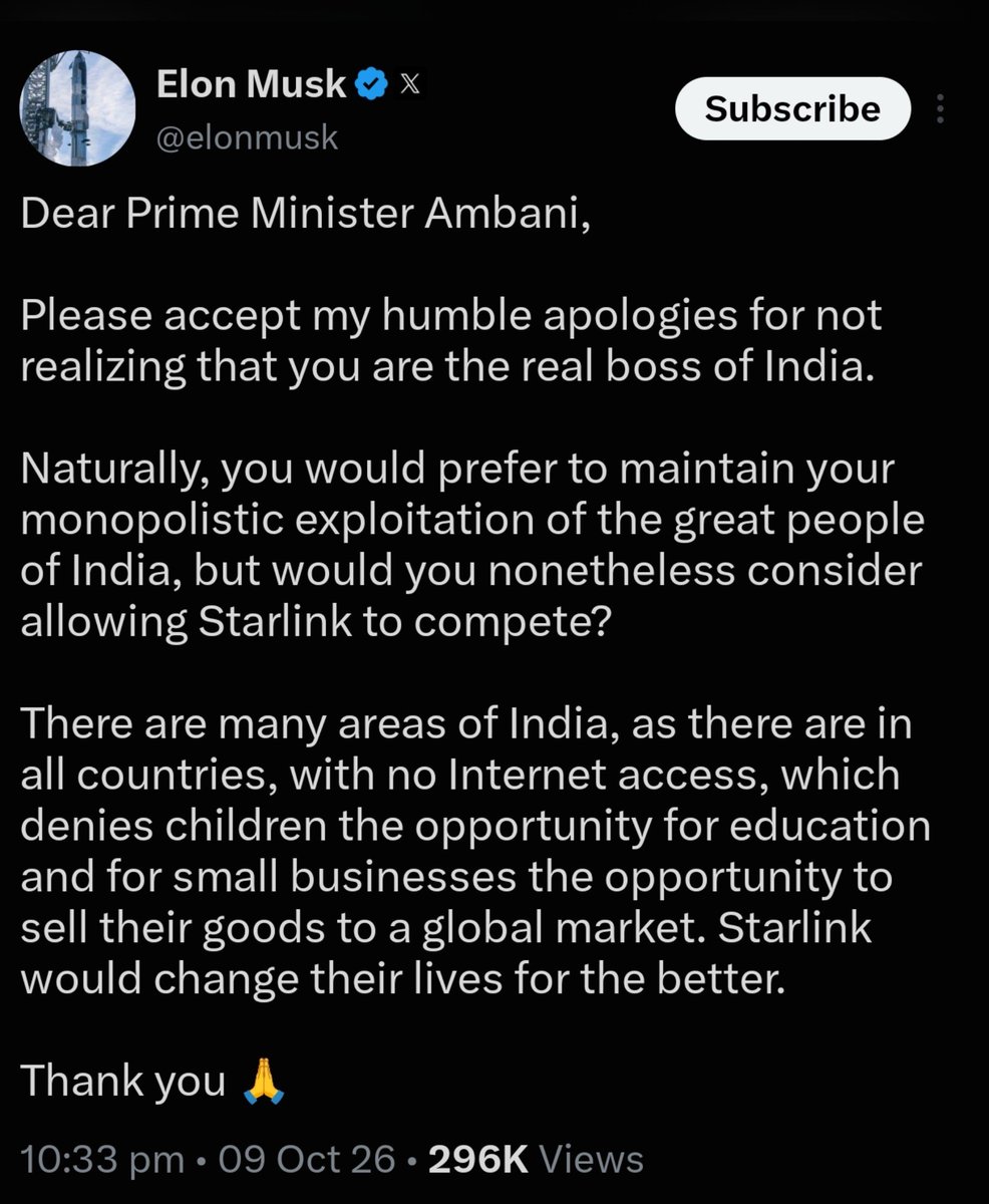 ranvijaylive's tweet photo. एलन मस्क का खतरनाक ट्वीट, अंबानी को प्रधानमंत्री बताया 👇

आदरणीय प्रधानमंत्री अंबानी,

कृपया मेरी विनम्र माफ़ी स्वीकार करें कि मुझे यह एहसास नहीं हुआ कि आप ही भारत के असली बॉस हैं।

ज़ाहिर है, आप भारत के महान लोगों का एकाधिकारवादी शोषण जारी रखना चाहेंगे, लेकिन क्या आप फिर भी स्टारलिंक को मुक़ाबला करने की अनुमति देने पर विचार करेंगे?

भारत में कई ऐसे इलाके हैं - जैसा कि सभी देशों में होता है - जहाँ इंटरनेट की सुविधा नहीं है। इससे बच्चों को शिक्षा का मौका नहीं मिल पाता और छोटे व्यवसायों को अपने सामान को वैश्विक बाज़ार में बेचने का अवसर नहीं मिलता। स्टारलिंक उनकी ज़िंदगी को बेहतर बना सकता है।

धन्यवाद 🙏
