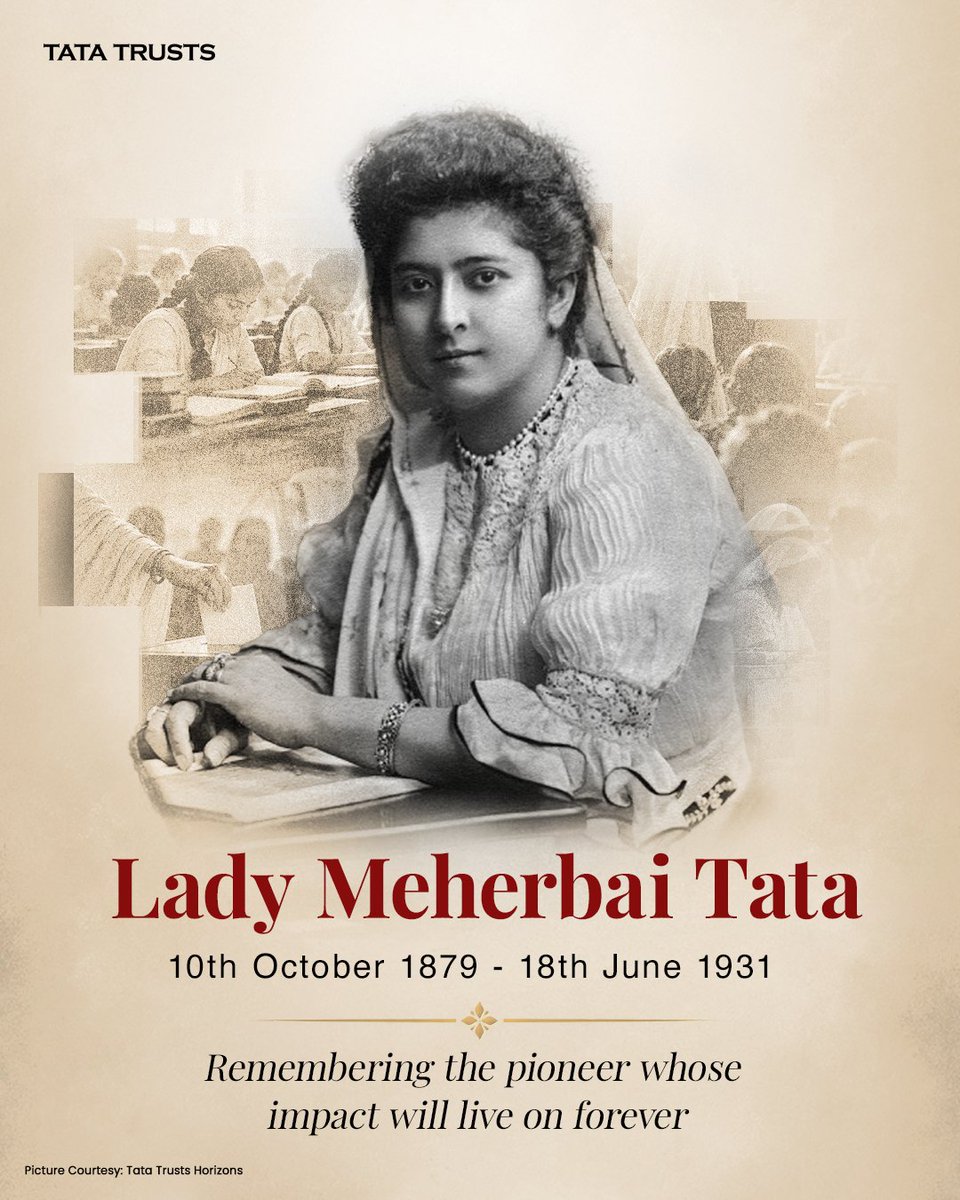 tatatrusts's tweet photo. Some legacies live on in the possibilities they create for others. Lady Meherbai Tata championed women’s education and challenged social evils like child marriage, working towards a society where women could shape their own futures. That commitment continues through her contributions to the Trusts, to support Indian women in pursuing higher education.

On her birth anniversary, we honour a leader whose influence extends across generations, and a vision that continues to guide us in all our actions to this day.

To know more: https://t.co/GYMXFQlDc9

#LadyMeherbaiTata #Legacy #TataTrusts