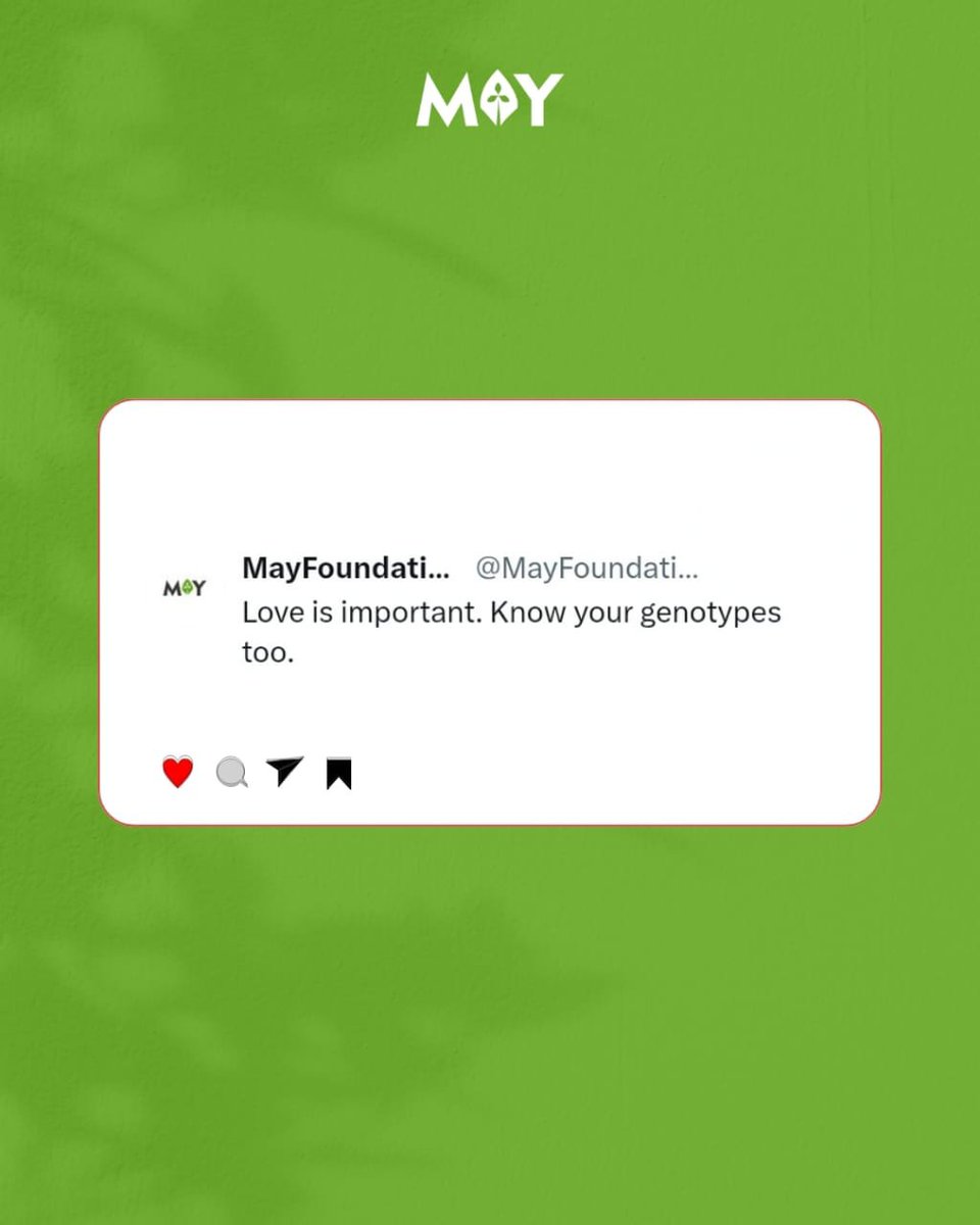 MayFoundations's tweet photo. Love is more than feelings; it’s making informed decisions about your future together. ❤️💚

#KnowYourGenotype #themayfoundation #SickleCellAwareness https://t.co/gqfGoIvOIB