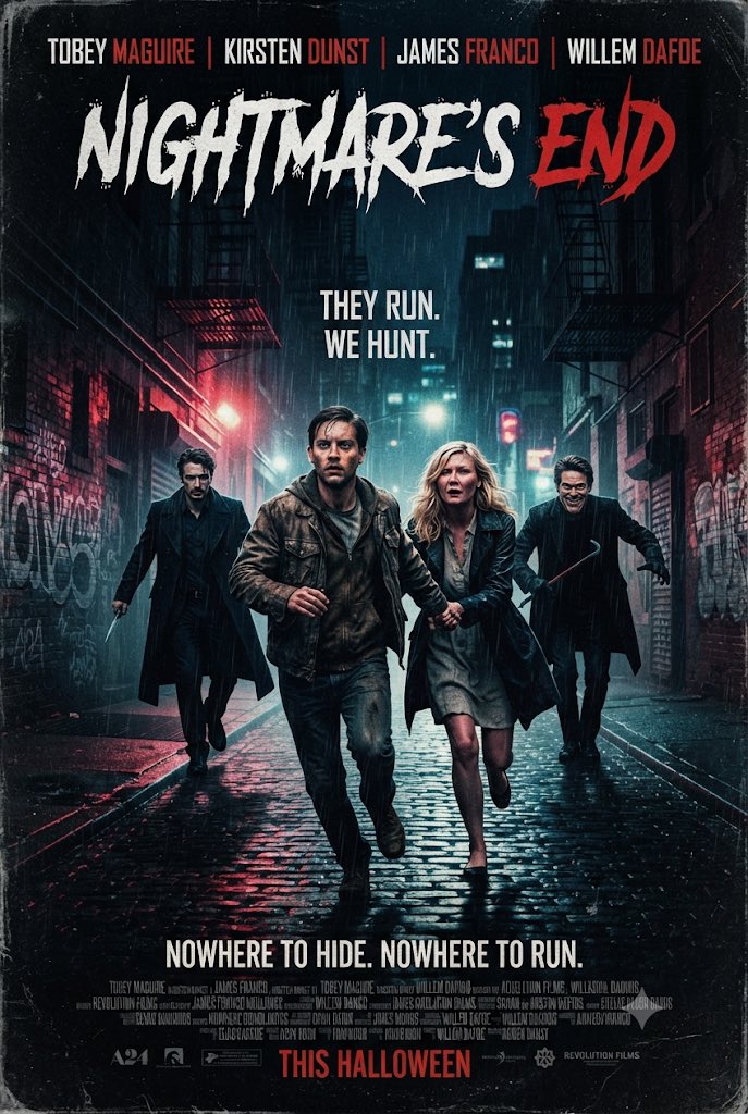 movierulez150's tweet photo. #Ai #AiArt #Concept #Poster #Horror #NightmaresEnd #TobeyMaguire #KristenDunst #JamesFranco #WillemDafoe #Terror #Nightmares #Darkness #Run #Hide #Nowhere https://t.co/oLIVE6qocx