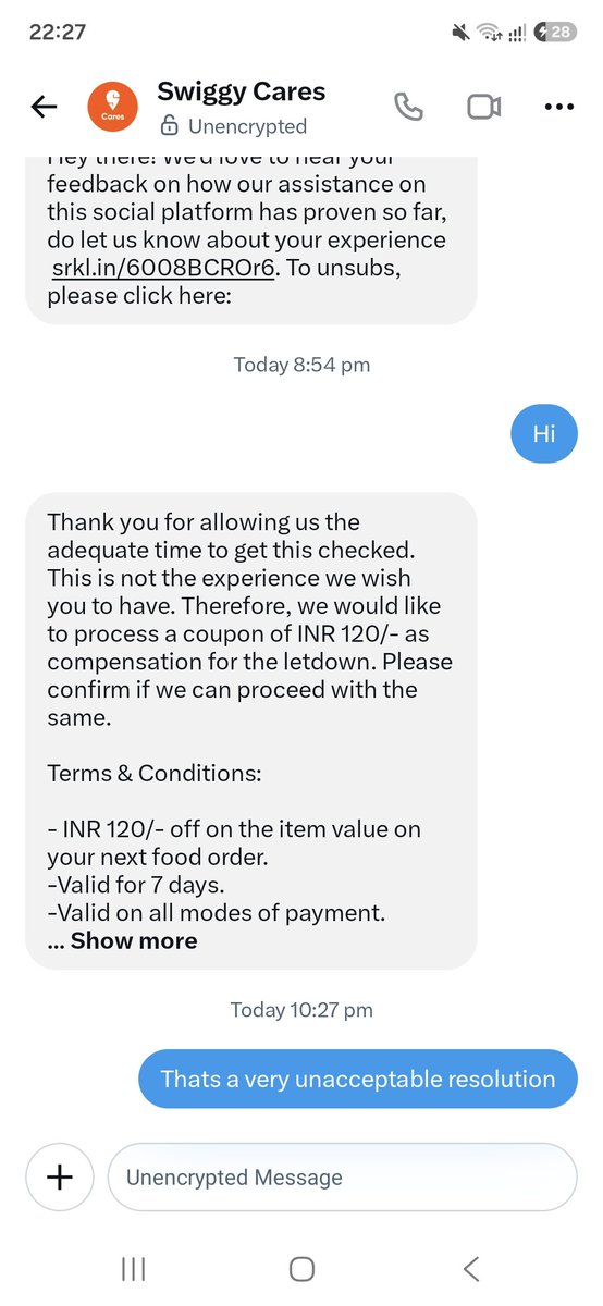 KrishanaTeja555's tweet photo. Very kind and generous 120 rupees coupon that too with 1 week validity is simply a poor amd utterly disrespectful resolution you can offer..

I am sure I am gonna uninstall swiggy for good this time if they fail to offer me a reasonable refund.

@Swiggy @SwiggyCares https://t.co/jp9nLSGlOO