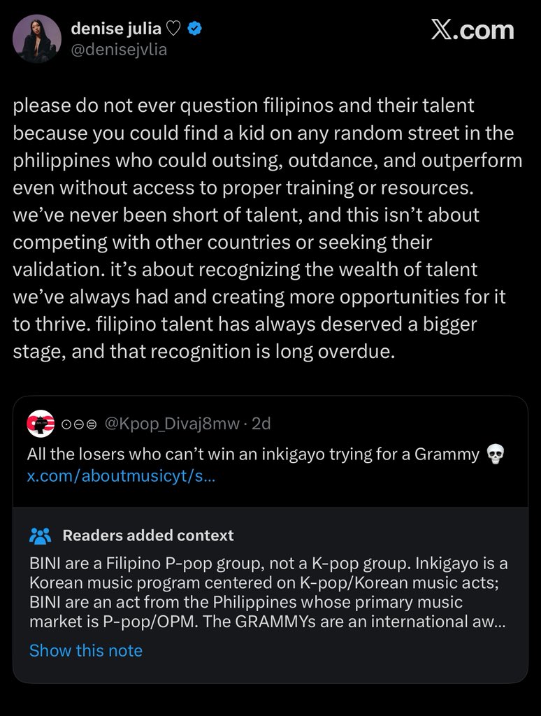 spicevillains's tweet photo. 🚨filo mucisian artist denise julia has spoken out and defended bini from BTS fans harassing them for submitting their music to the grammys’ asian pop category. https://t.co/Re3Sr7NLsc