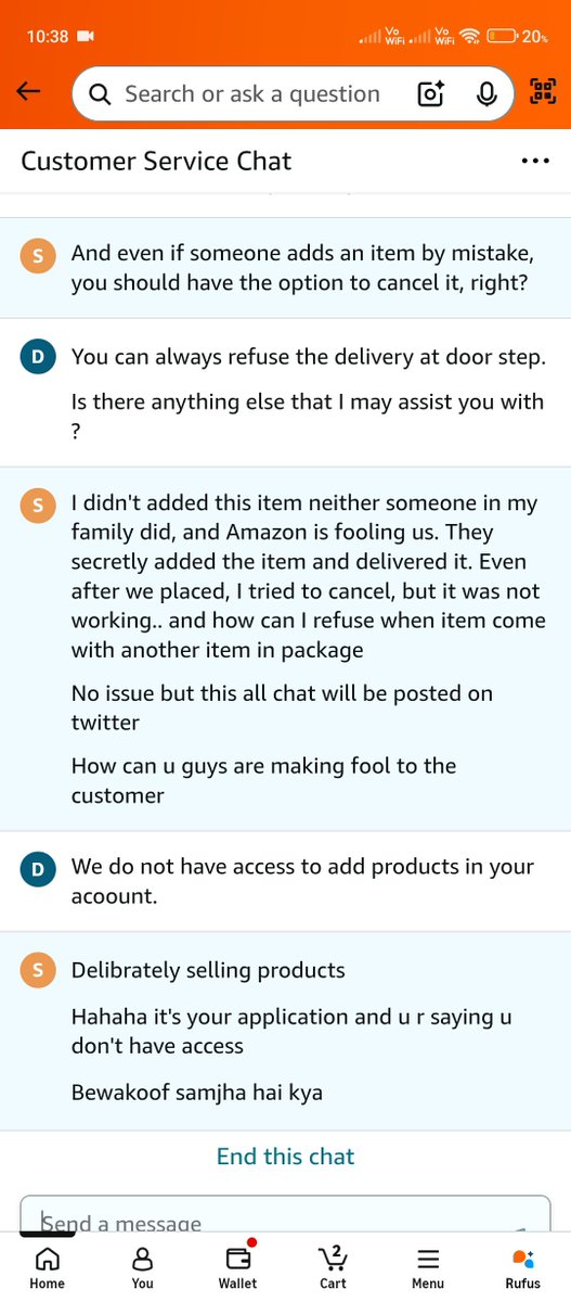 surenrk's tweet photo. @AmazonHelp @amazonIN .@AmazonIN @AmazonHelp I’m still getting excuses instead of a solution! I never added this item, couldn’t cancel it, and now it’s non-returnable. Is this how #BigBillionDays works? Take responsibility and refund me! #AmazonScam #ConsumerRights https://t.co/vbCEI6mAtQ