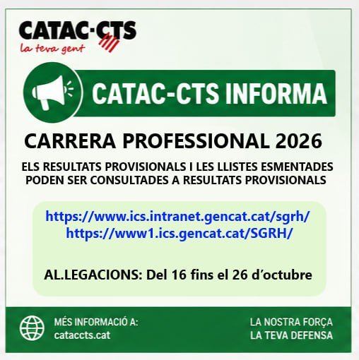 catacctsiac's tweet photo. RESOLUCIÓ PROVISIONAL DE LA CARRERA PROFESSIONAL 2026 📢
Si el mes de desembre passat vas sol·licitar un nivell de carrera professional, ja pots consultar la teva resolució provisional al portal de l'SGRH!  
1️⃣ Accedeix a l'SGRH (via Intranet o Internet).
2️⃣ Entra a Carrera professional > Professional > Sol·licitud > Històric de sol·licituds.
3️⃣ Fes clic a la icona del llapis ✏️ al costat de la campanya.
(També pots consultar el resultat directament a la part inferior de la pantalla d'inici).  
Al·legacions del 13 al 26 d'octubre de 2026. Recorda tramitar-les a través de l'enllaç disponible a la mateixa plataforma.