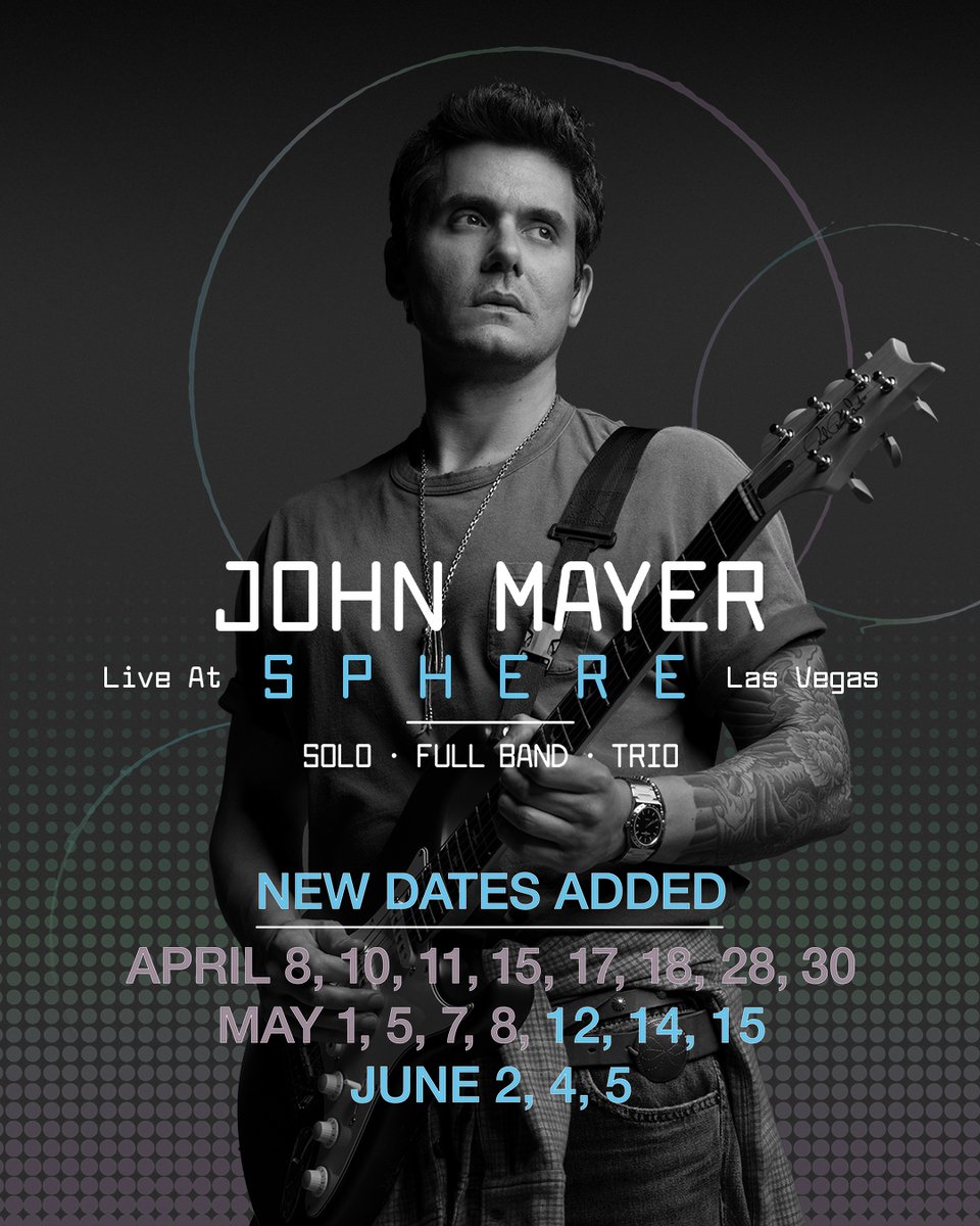 SphereVegas's tweet photo. Tickets are ON SALE now for John Mayer at Sphere! 

April 8, 10, 11 &amp; April 15, 17, 18

April 28, April 30, May 1

May 5, 7, 8 &amp; May 12, 14, 15

June 2, 4, 5

🎟️: https://t.co/gcOGjaYqkx https://t.co/1DLEgRkw8L