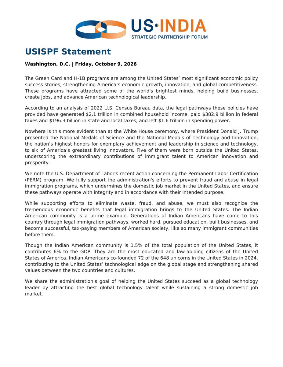 sidhant's tweet photo. US-India Strategic Partnership Forum statement on US announcement on permanent residency. https://t.co/LBuYkIXYRT