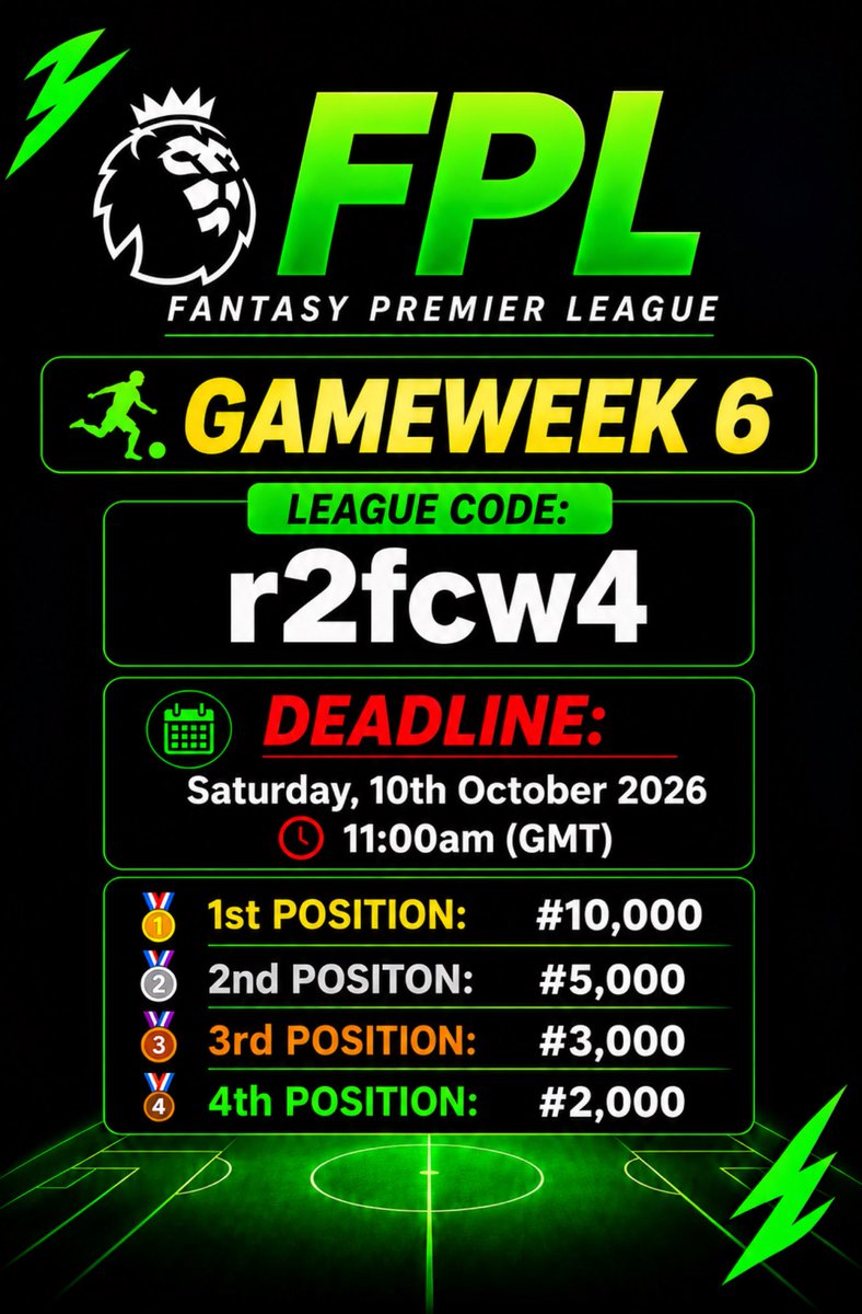 obarotlkstactic's tweet photo. 🚨 FPL Gameweek 6️⃣ is upon us 🔥 

⚠️ Remember to drop your Team Name in the comment section before the Deadline 📝

Retweet ♻️

🔔 Remember to turn on notifications to not miss out on updates

Gameweek 6 league link: https://t.co/V2z4ca6Oe3

#fpl #fantasy #mufc #premierleague https://t.co/dnbS5KQnho