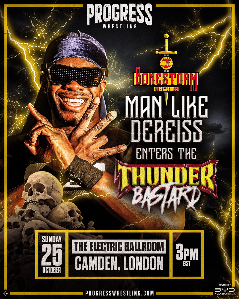ThisIs_Progress's tweet photo. 🌪️⚡ THE THUNDERBASTARD RETURNS ⚡🌪️

When he says 01...

Man Like DeReiss is in the Thunderbastard and he's likely very interested in another chance at the Progress Men's World Champion Cara Noir! Who else joins him? 

Swipe ➡️➡️ for the match rules!

Chapter 199: Bonestorm

🗓️ Sunday 25th October, 3pm

📍 @EBallroomCamden

🖌️ @Elliottt93

📺 @HOWrestlingUK

🎟️ https://t.co/iN7EouTtWq

Powered by Alan Day BYD 

#ProgressWrestling
