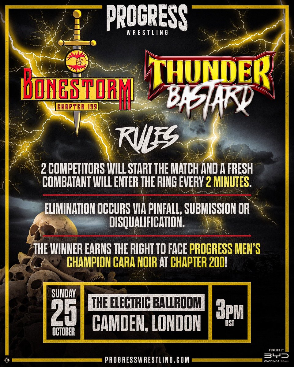 ThisIs_Progress's tweet photo. 🌪️⚡ THE THUNDERBASTARD RETURNS ⚡🌪️

When he says 01...

Man Like DeReiss is in the Thunderbastard and he's likely very interested in another chance at the Progress Men's World Champion Cara Noir! Who else joins him? 

Swipe ➡️➡️ for the match rules!

Chapter 199: Bonestorm

🗓️ Sunday 25th October, 3pm

📍 @EBallroomCamden

🖌️ @Elliottt93

📺 @HOWrestlingUK

🎟️ https://t.co/iN7EouTtWq

Powered by Alan Day BYD 

#ProgressWrestling