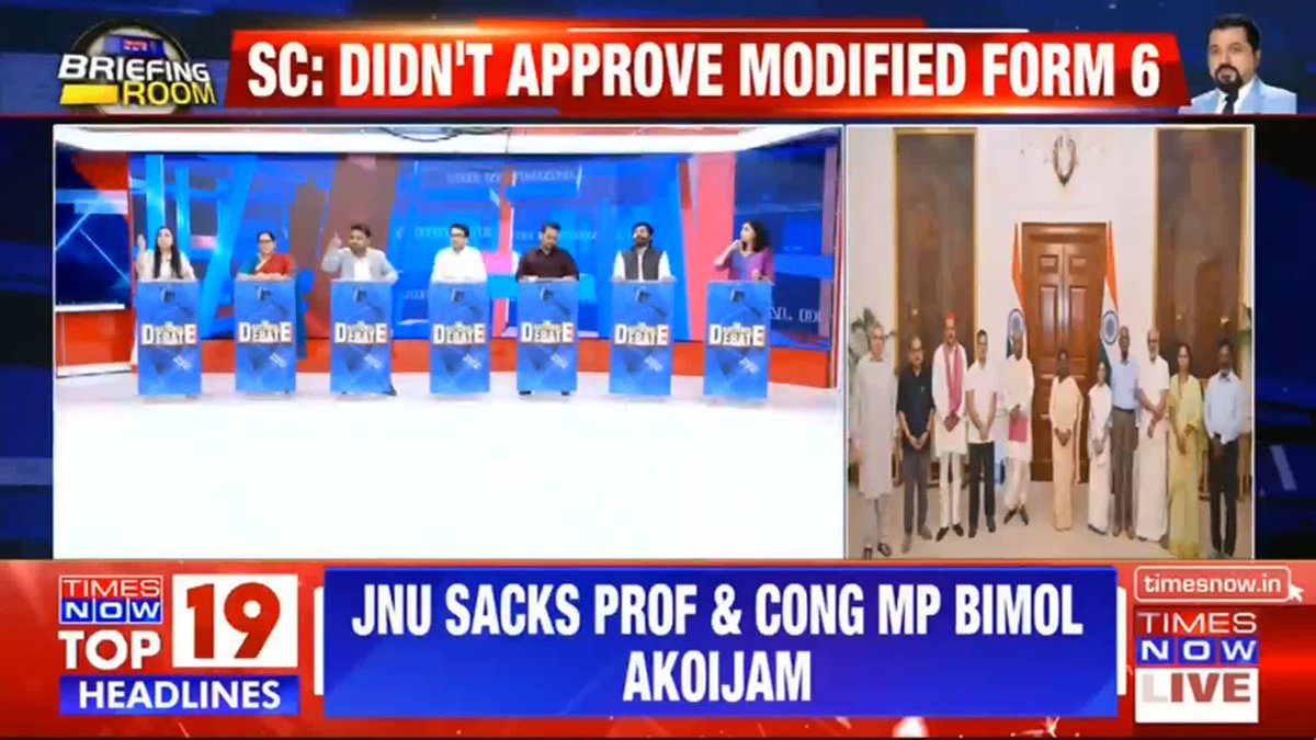 A Times Now news broadcast titled "Briefing Room" displays the headline "SC: DIDN'T APPROVE MODIFIED FORM 6" alongside "TIMES NOW TOP 19 HEADLINES: JNU SACKS PROF & CONG MP BIMOL AKOIJAM," featuring a split-screen showing what appears to be a debate panel on the left and a group photo of opposition figures on the right. The broadcast relates to discussions about the Election Commission and political controversies involving figures like Rahul Gandhi, as referenced in the accompanying post.