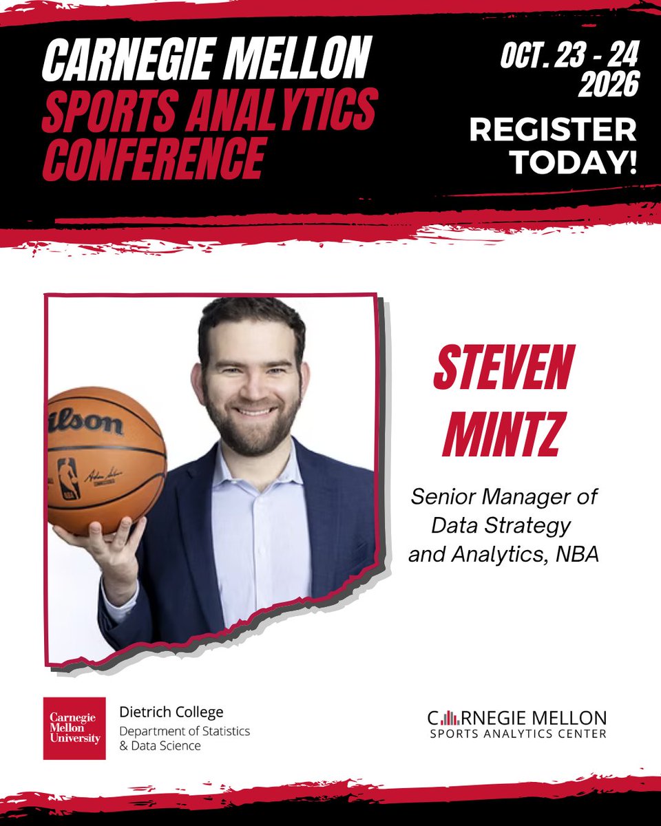 CMU_StatDS's tweet photo. It's time for another CMSAC speaker highlight! Today, we are excited to announce Steven Mintz! Mintz is a Senior Data Scientist at the National Basketball Association!
Registration for CMSAConference 2026 closes Friday, October 16th https://t.co/9AhyoYxJ3k https://t.co/PjniOwLeHh