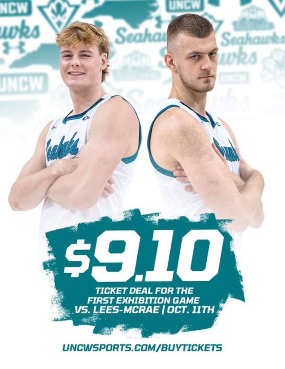 UNCW_Sportstix's tweet photo. Don't miss out on getting the first look at this year's Seahawks squad! Sunday at 2pm in Trask Coliseum, we take on Lees-McRae in our first exhibition game. 

All tickets are $9.10! Use this link to get your tickets before Sunday!

🎟️:  https://t.co/c0Gj3AU0MV https://t.co/lYjG5tJMmX