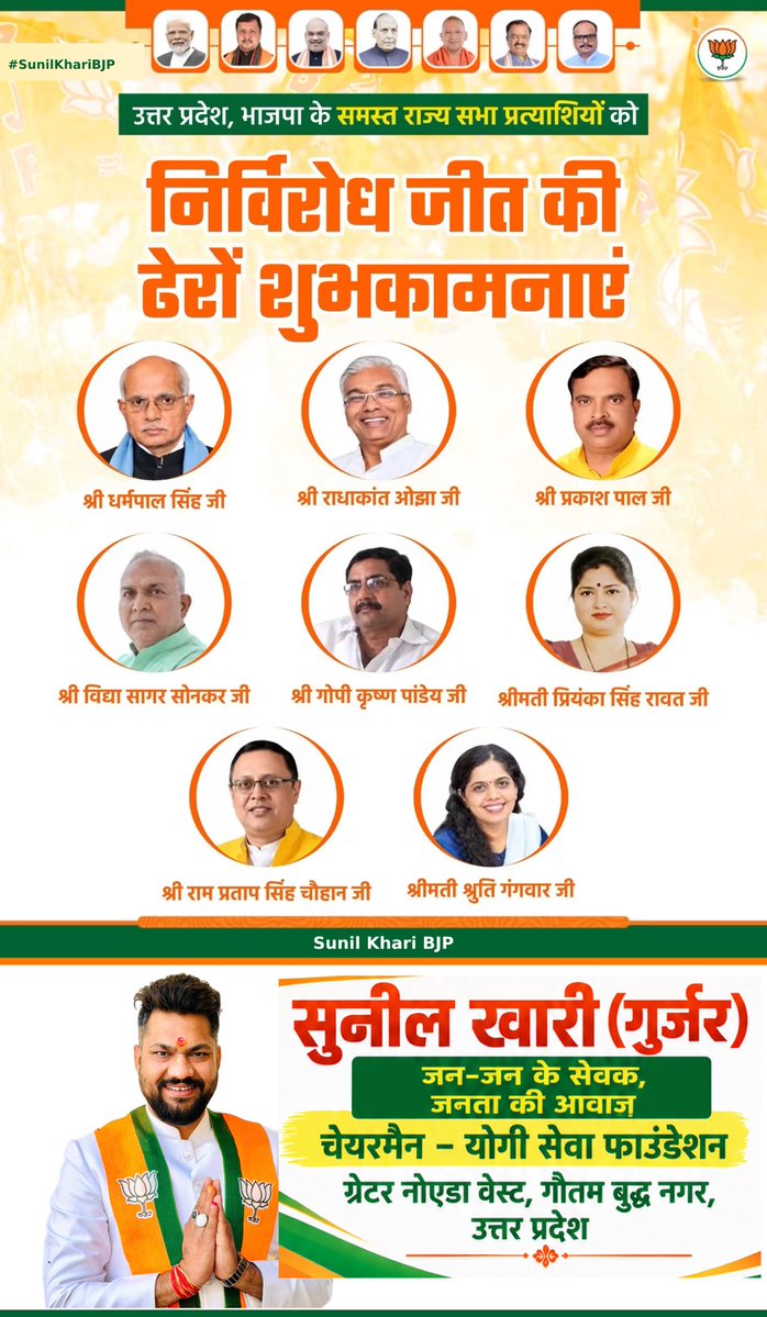 sunilkharibjp's tweet photo. BJP Uttar Pradesh के समस्त राज्यसभा प्रत्याशियों को निर्विरोध जीत की हार्दिक बधाई एवं शुभकामनाएँ! 💐

आप सभी के उज्ज्वल कार्यकाल एवं राष्ट्रसेवा के नए आयामों के लिए अनंत मंगलकामनाएँ। 🙏

#BJP4ViksitBharat #BJP4UP #BJP4WUP https://t.co/TFwwN1PIQZ