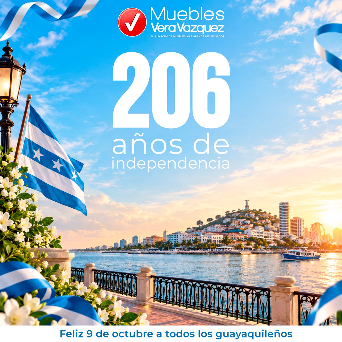 m_veravazquez's tweet photo. ¡Feliz 9 de Octubre, Perla del Pacífico! 🇪🇨 💙 🤍Hoy celebramos con inmensa alegría 206 años de libertad, historia y la inquebrantable fuerza de su gente. Desde Muebles Vera Vazquez, nos unimos a esta fiesta con orgullo guayaquileño. ¡Viva Guayaquil en su día! https://t.co/leaa23hN6n