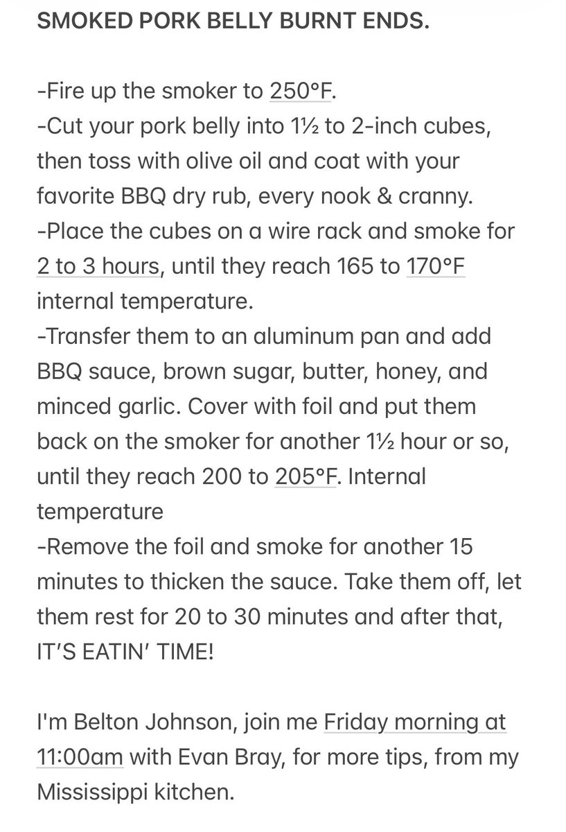 bjizzle56's tweet photo. Always a great time talking w/ Evan on @evanbrayshow. Make sure to check out the SMOKED PORK BELLY BURNT ENDS recipe. #CKOM #CJME #porkbelly #pork #burntends #ItsEatinTime https://t.co/XiwLGvuFXA