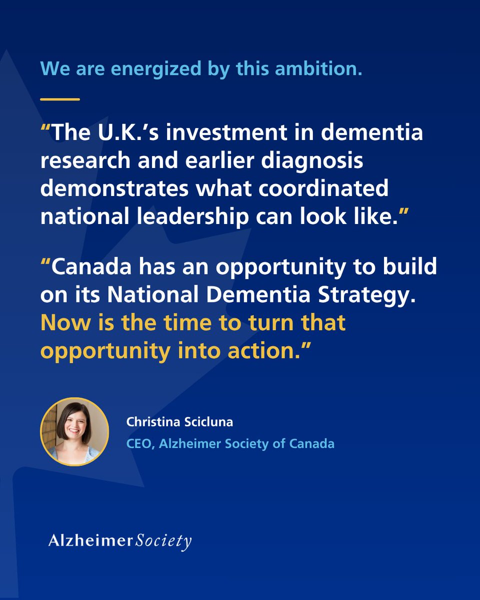 AlzCanada's tweet photo. On October 8, the U.K. announced a major new initiative to accelerate progress on dementia, including a £48 million partnership to advance research and clinical trials and an £80 million program to improve earlier diagnosis.

The investments will bring together government, researchers, industry and people with lived experience to accelerate innovation and help promising treatments reach patients sooner. 

Canada has an opportunity to build on this momentum. “Through stronger coordination and continued investment in its National Dementia Strategy, meaningful progress on diagnosis, treatment and care can be made,” says Christina Scicluna, CEO of the Alzheimer Society of Canada. “People living with dementia and 
their care partners deserve nothing less.”

#Dementia #DementiaResearch #AlzheimersDisease