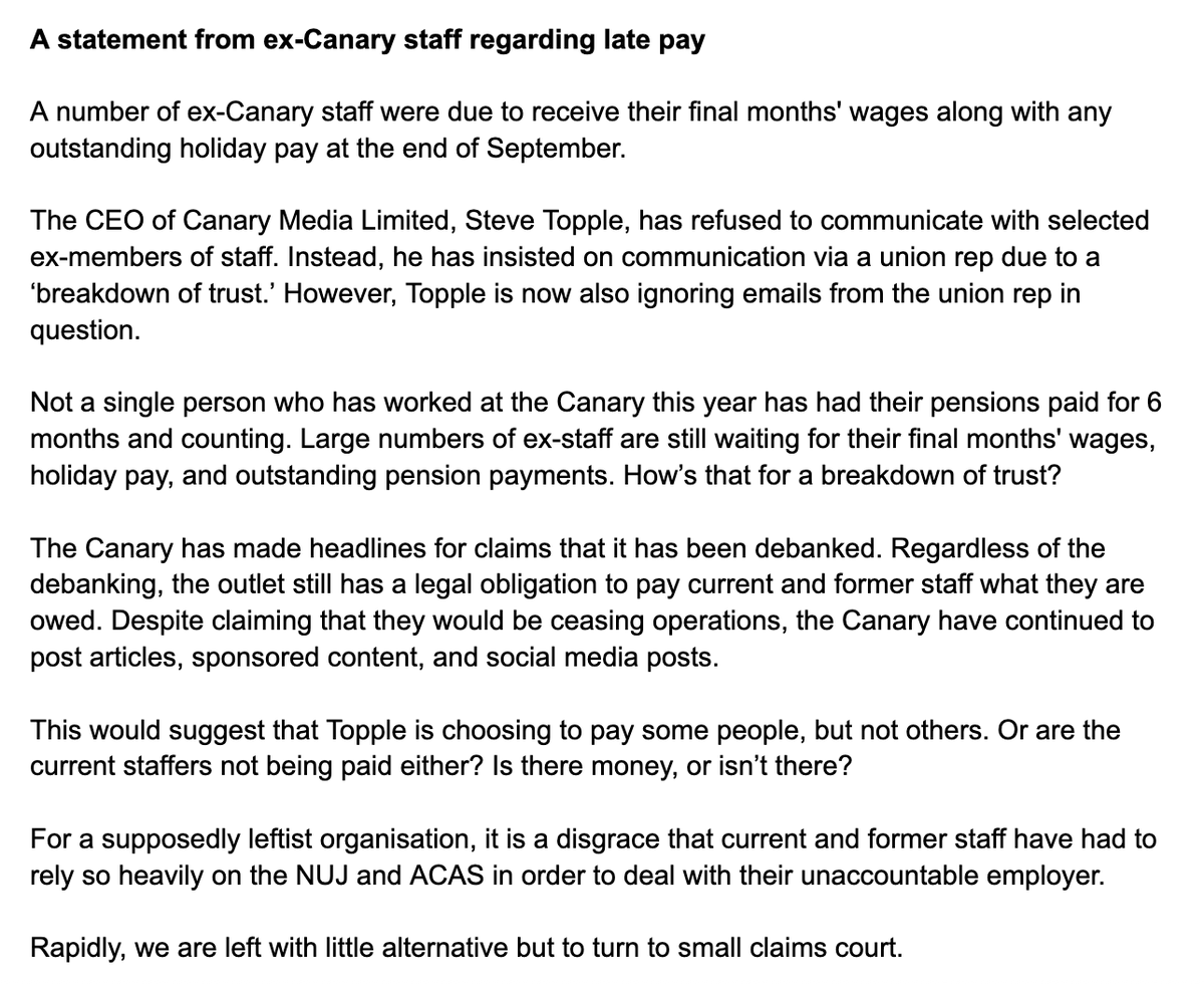 RachelCDailey_'s tweet photo. A statement from ex @TheCanaryUK staff regarding late pay https://t.co/TN0pkQz94r