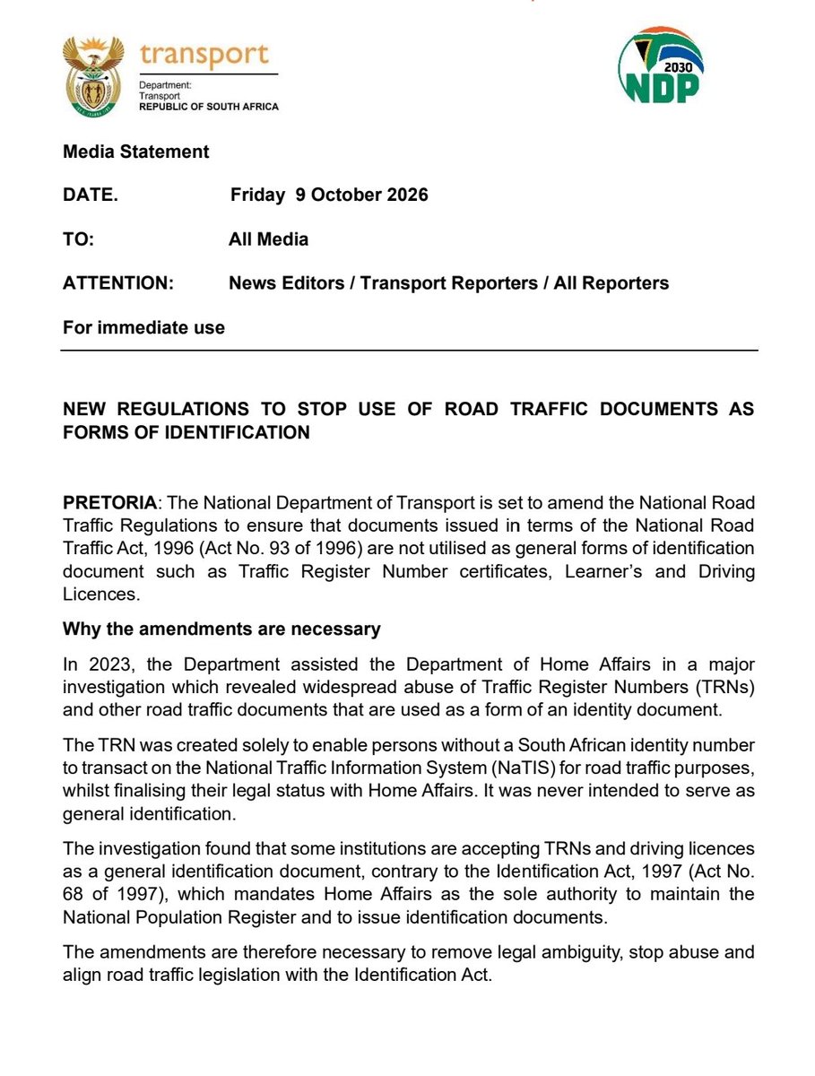 Dotransport's tweet photo. OCTOBER TRANSPORT MONTH CAMPAIGN 

NEW REGULATIONS TO STOP USE OF ROAD TRAFFIC DOCUMENTS AS
FORMS OF IDENTIFICATION

#TransportZA #OTMSA2026 https://t.co/6rtVBeT8OV