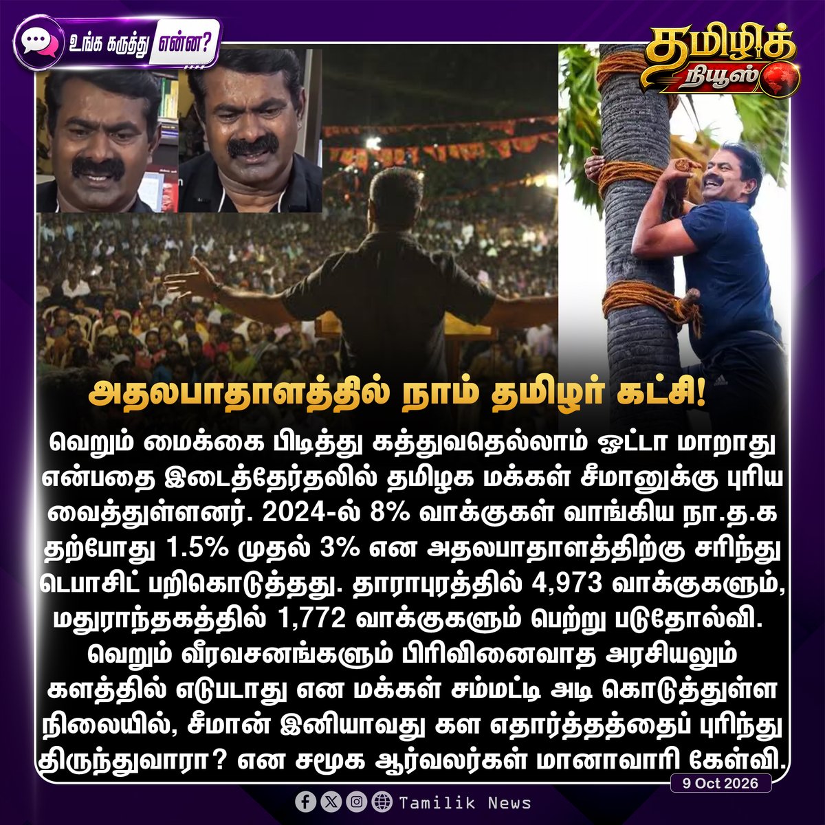 Tamiliknews's tweet photo. மைக் பிடிச்சு கத்துனா மட்டும் போதாது... களத்தில் நசுங்கிப்போன நா.த.க; தாராபுரம், மதுராந்தகத்தில் பஸ்பமான சீமானின் செல்வாக்கு!
#NTK | #Seeman | #TNElectionResults | #NTKFall | #Bypoll https://t.co/Cv6Yolol5v
