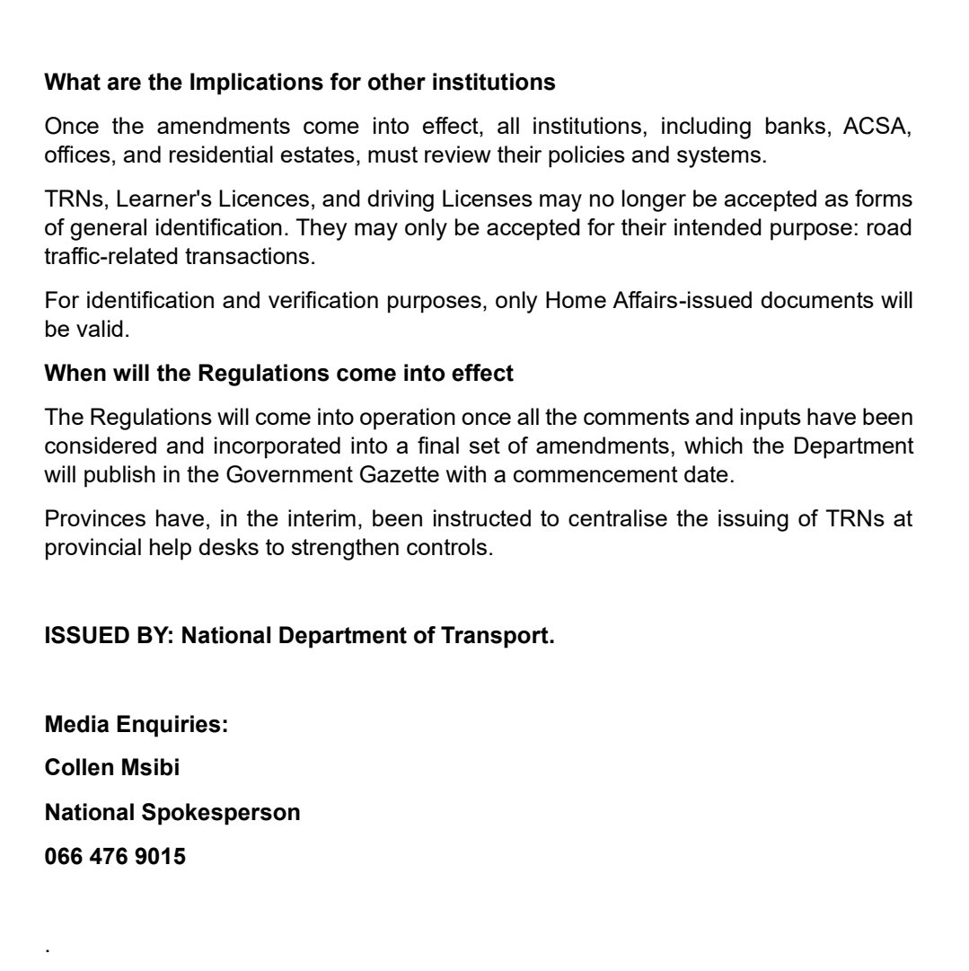 Dotransport's tweet photo. OCTOBER TRANSPORT MONTH CAMPAIGN 

NEW REGULATIONS TO STOP USE OF ROAD TRAFFIC DOCUMENTS AS
FORMS OF IDENTIFICATION

#TransportZA #OTMSA2026 https://t.co/6rtVBeT8OV