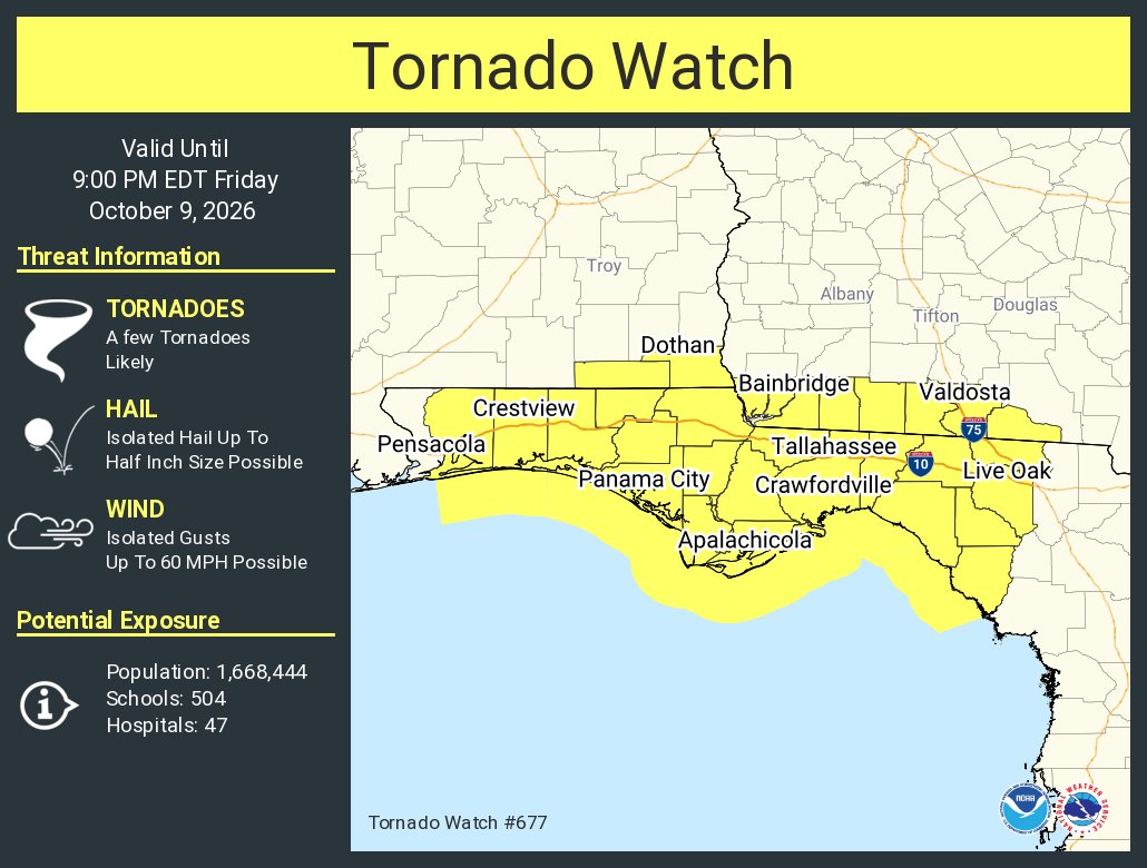 NWStornado's tweet photo. A tornado watch has been issued for parts of Alabama, Florida and Georgia until 9 PM EDT https://t.co/C4FwIf8Ie2