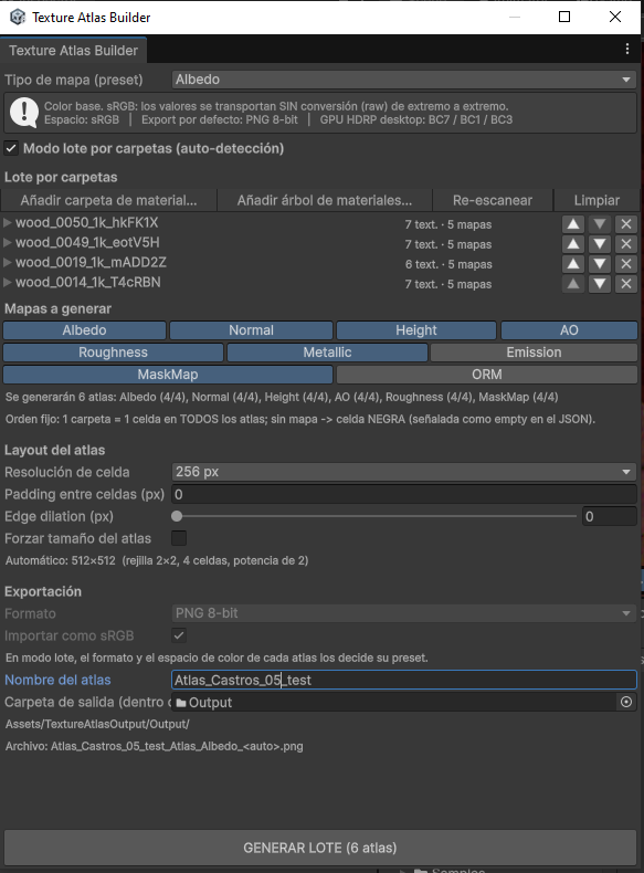 DFazouro's tweet photo. Usando GLM 5.3 modo FREE me hice una herramienta de editor para Unity 6.4 + HDRP que genera texture atlases (albedo, normal, mask map...) con el pipeline de color bien hecho: box-filter, dilatación de bordes y channel packing. 

#madewithunity #unity https://t.co/QgFFBg0TwF