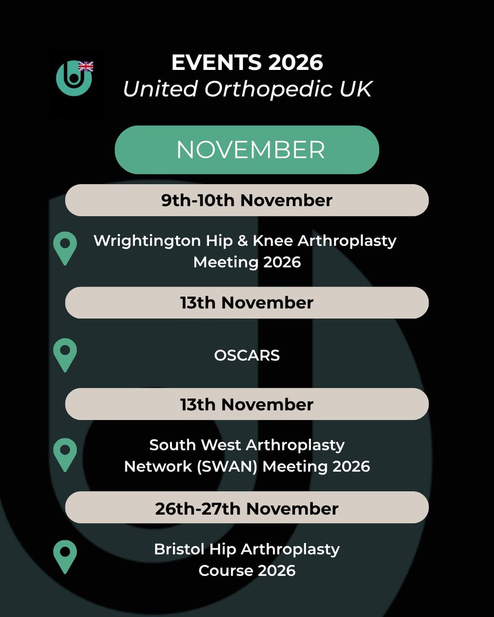 uocuk2's tweet photo. Catch United Orthopedic UK at these events in November 2026: 

📍 9-10 Nov: Wrightington Hip &amp; Knee 2026
📍 13 Nov: OSCARS
📍 13 Nov: SWAN Meeting
📍 26-27 Nov: Bristol Hip Arthroplasty

Learn more: 
https://t.co/dKEctXjPmV

#Orthotwitter #EachStepWeCare #KneeSurgery #HipSurgery https://t.co/EAPKYYt4Yh