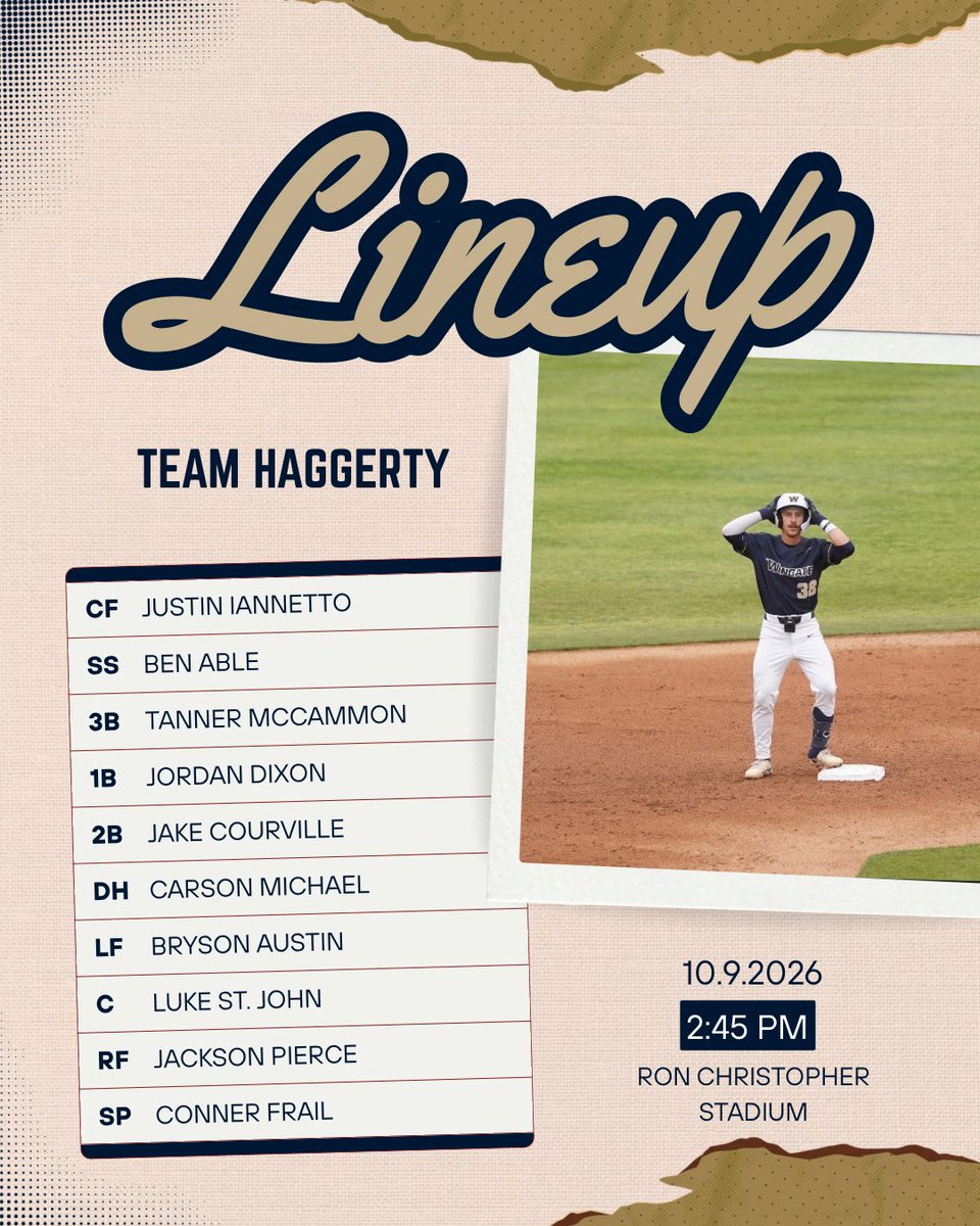 WingateBaseball's tweet photo. Troops were rallied.
Team Haggerty gets up off the mat and ties the series at one game a piece.
Team Candelaria looking to get back in the win column.

First pitch set for 2:45 at The Ron https://t.co/kbYi6nDZU8