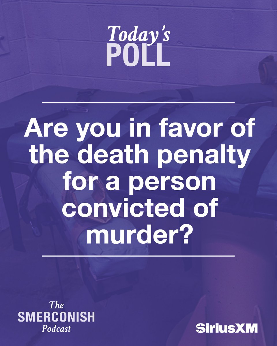 smerconish's tweet photo. Today's poll question: Are you in favor of the death penalty for a person convicted of murder?

Listen to Michael's thoughts on the podcast 💭 https://t.co/l6xIhcpw78
Then cast your vote 🗳️ at https://t.co/My8yZAX3dr https://t.co/5iTSiS9vYu
