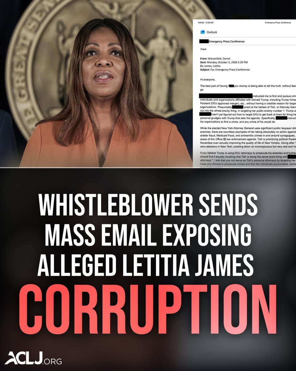 JaySekulow's tweet photo. Read the emails for yourself. The ACLJ obtained internal emails exposing alleged rampant corruption within New York AG Letitia James’ office.

The details are SHOCKING. Read more: https://t.co/lhmjt2ty1k https://t.co/gZ0hbjFKpD
