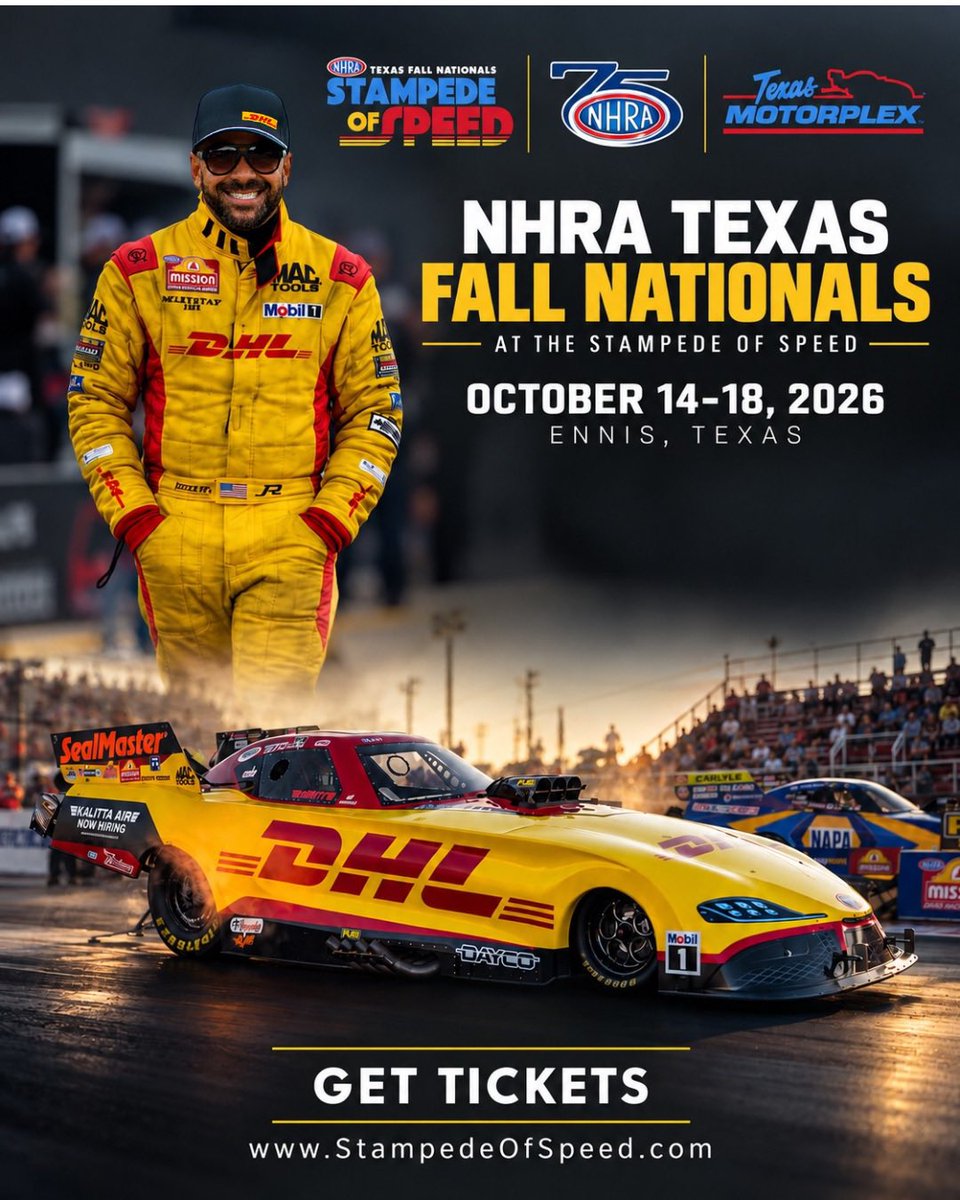 TeamKalitta's tweet photo. We’re headed to Ennis, Texas! 🤠

Our DHL Funny Car team is getting ready for the NHRA Texas Fall Nationals at the Historic Texas Motorplex, October 14–18, with win lights and valuable Countdown points in our sights.

It’s all part of the sixth annual Stampede of Speed, October 9–18—ten days of racing, music and Texas pride celebrating NHRA’s 75th anniversary.

Tickets start at $40, kids 12 & under get in free, and parking is included with no ticket fees. Come spend race weekend with us and cheer on Team Kalitta!

🎟️  https://t.co/uvJWB1b1QF

#KalittaAir • @Revchem_ • @Mobil1 • @FifthThird • @SealMasterNet • @DHLUS • @DaycoOfficial • @NHRA • @applied_innov8 • @HounderCo • @gerbercollision • @SoundGearHear • @txmplex 

#FallNats #StampedeOfSpeed #TexasMotorplex #WhereSpeedWasBorn #NHRASpeedCheck