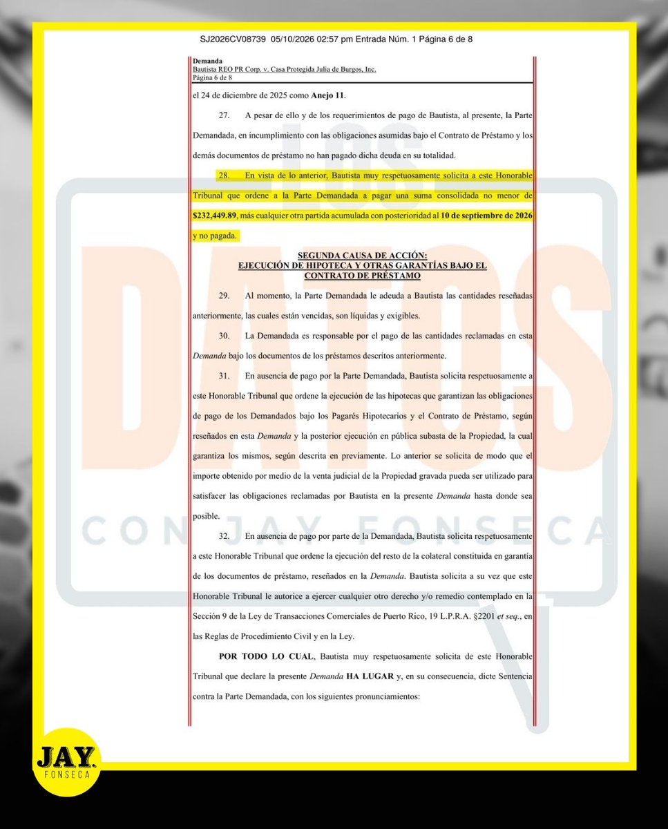 jayfonsecapr's tweet photo. 🏠 La Casa Protegida Julia de Burgos, que da albergue y apoyo a sobrevivientes de violencia doméstica y a sus hijos, enfrenta una demanda que busca ejecutar la hipoteca de su propiedad por unos $232,450.

⚖️ La demanda la radicó Bautista REO PR Corp. el 5 de octubre en el Tribunal de San Juan, alegando que Casa Julia no pagó dos préstamos hipotecarios que originalmente le dio Doral.

📅 Los préstamos son de 1996 y 2007, se reestructuraron en 2014 y vencieron en 2019. Según la demanda, a Casa Julia se le envió un aviso de incumplimiento en diciembre de 2025 sin resultado, y la deuda sigue creciendo a $11.30 diarios en intereses.

🔨 Si no se paga, la compañía le pide al tribunal subastar la propiedad y que quien la compre tome posesión en 20 días, sin necesidad de otra orden judicial.

📋 Hasta el 8 de octubre, Casa Julia no había contestado la demanda en el tribunal.

👇¿Debería el gobierno intervenir para salvar este albergue? 

Fuente: News is my Business

#CasaProtegidaJuliaDeBurgos #Albergue #refugio #violenciadomestica