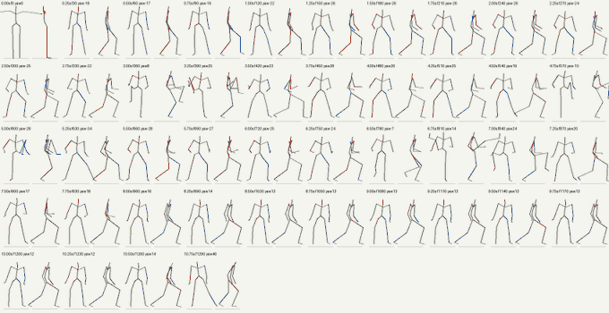 A grid of numerous stick figure animations depicting human figures in various running, jumping, and standing poses, with file identifiers like '0.01/3DR pair 19' visible in each cell.
