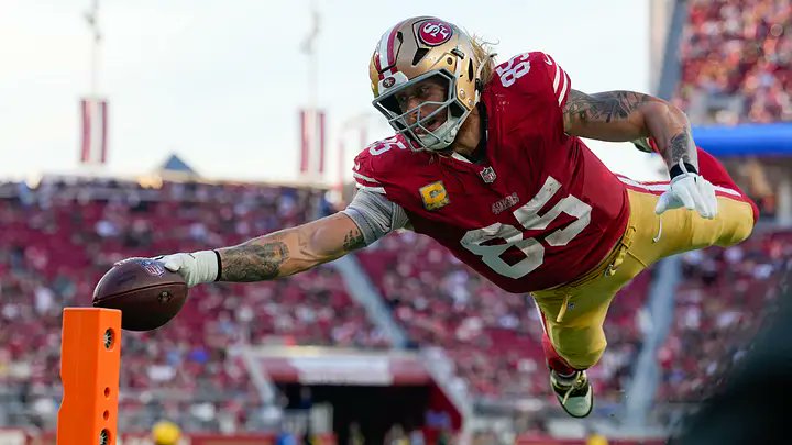 NFL_Stats's tweet photo. Happy 33rd birthday, George Kittle!  

His career stats:  

• 10 seasons (128 games)
• 824 targets
• 611 receptions
• 8,252 receiving yards
• 64.5 yards per game
• 68 rushing yards
• 56 total TDs
• 5x all-pro, 7x pro bowler
• Most receiving yards in a half by a TE (210)
• 1st TE to lead the league in YAC (870)
• Most receiving yards by a TE in 1st 3 seasons (2,945)

#49ers