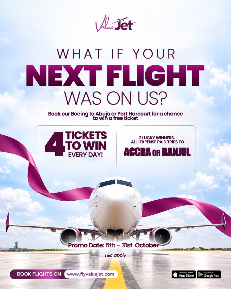 flyvaluejet's tweet photo. This October, your next flight could be on us! ✈️

Book and fly our Boeing to Abuja or Port Harcourt from  5th - 31st October for a chance to win!

4 TICKETS TO WIN EVERY DAY!
2 lucky winners will get an all-expense-paid trip to Accra or Banjul!

Your next flight could be your winning moment. Are you ready? 🥳

Book now at https://t.co/BmzC6EruAI
T&C apply

#flyvaluejet