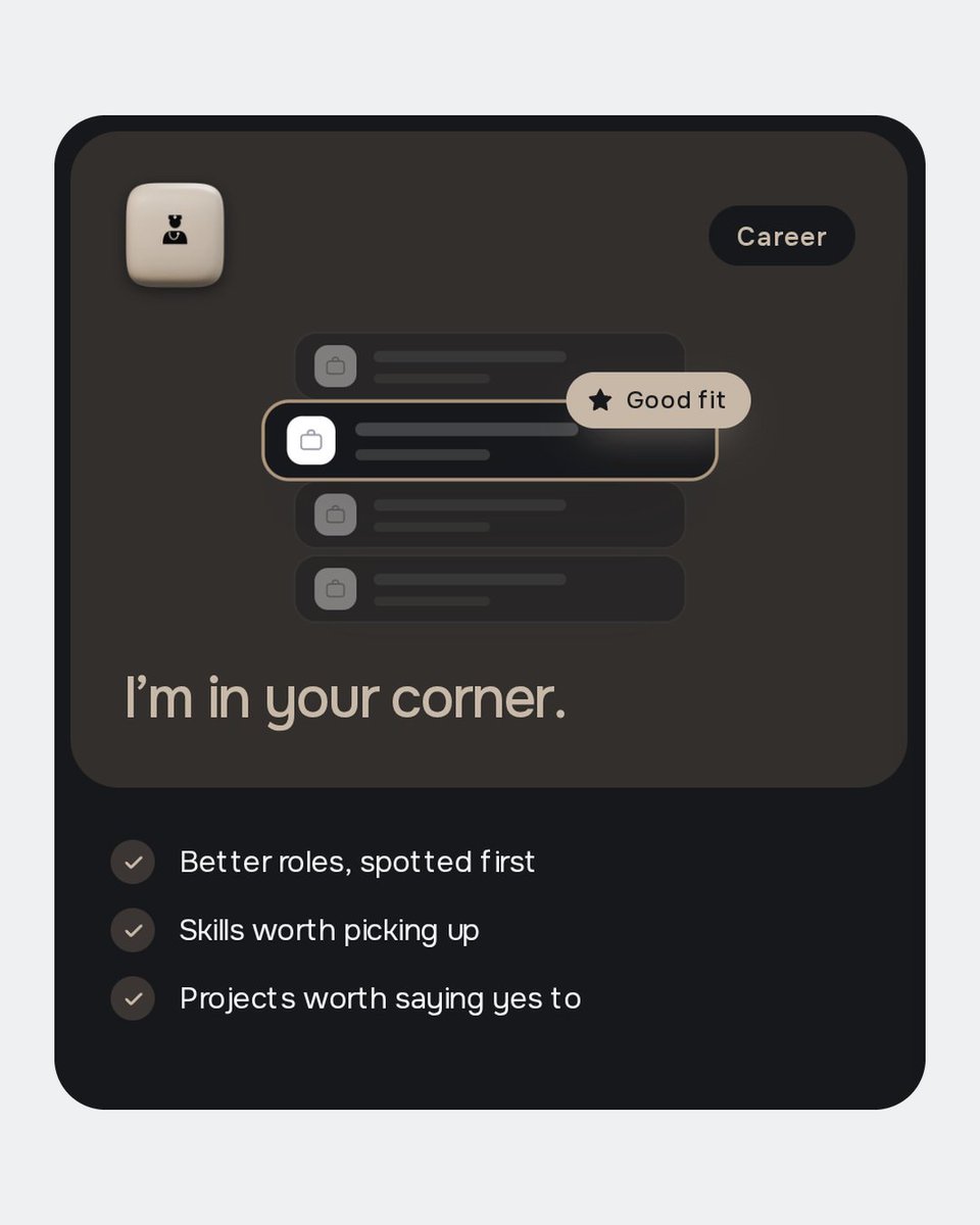 hellocaseai's tweet photo. I'm in your corner. Better roles, spotted first. Skills worth picking up. Projects worth saying yes to.
Join the waitlist at https://t.co/GLJXN1PtXU https://t.co/zaE3RVnwdM