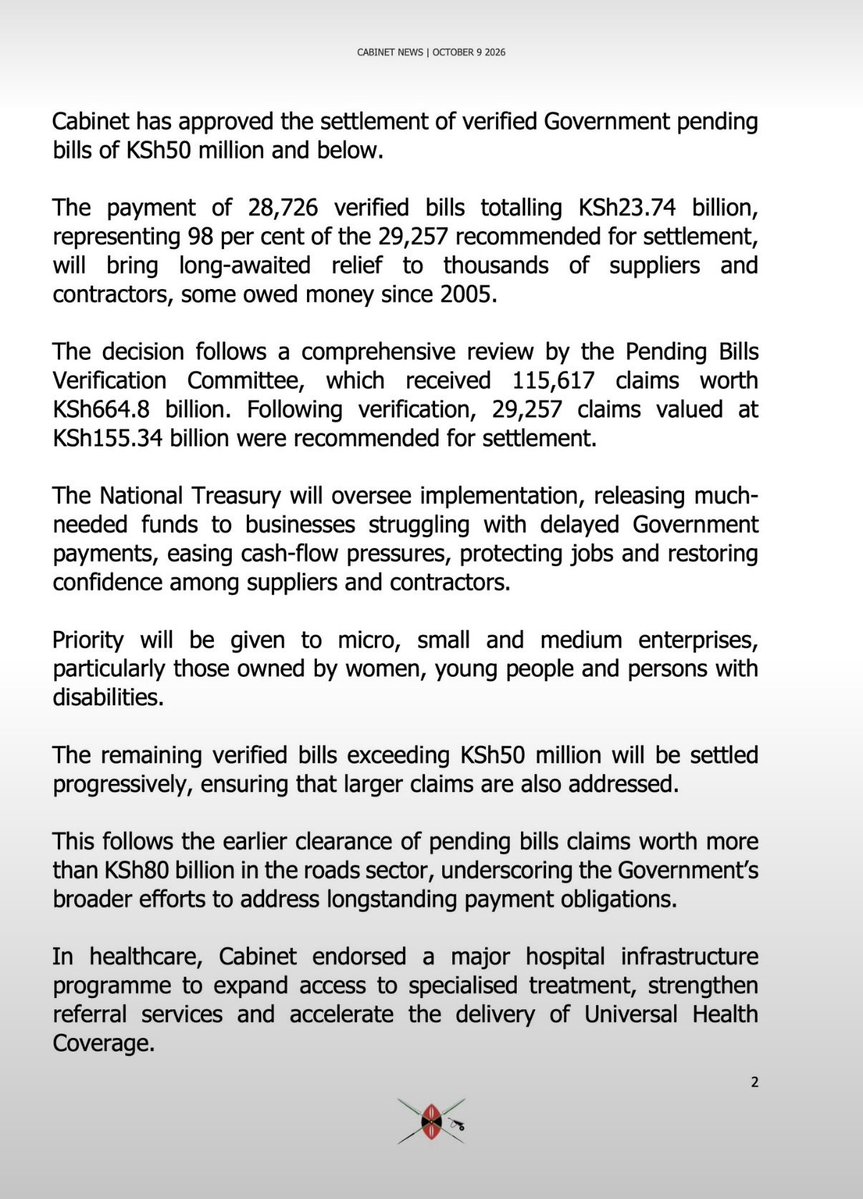 amenya_nelson's tweet photo. I was reading today’s Cabinet resolutions and it got me thinking: there is something missing from how they plan and measure performance.

@RayDalio , writing about China’s planning discipline, describes how long-term ambitions are broken down into shorter-term plans with clear metrics for measuring performance. The objective is the vision, where are we going? Long-term key results define what success looks like and by when, while short-term key results allow government to track progress and adapt quickly.

Look at the Cabinet resolutions. There are hospitals, roads, energy projects, water infrastructure and USD350 million for Kenya Airways. Some have numerical targets, but what is largely missing is the feedback loop: What was the objective? What was the baseline? What was the target? Where are we now? What worked, what failed and what are we changing?

Take the proposed 2,000-bed hospital. Building 2,000 beds is an output, not the ultimate objective.

Objective: Improve access to specialised healthcare and reduce pressure on the referral system.

Key results could be: reduce specialist waiting times by 20% by 2027; have 80% of planned specialist departments operational by 2028; reduce referrals to Nairobi for selected procedures by 40% by 2029; reduce specialist waiting times by 50% from the 2026 baseline by 2030.

Now we can measure whether the hospital actually improved healthcare instead of merely celebrating that 2,000 beds were built.

The USD350 million for Kenya Airways should work the same way.

Objective: Restore KQ to sustainable financial and operational health while protecting taxpayers’ investment.

Key results could include: return economically viable grounded aircraft to service by 2027; reduce cancellations caused by aircraft availability; achieve sustainable positive operating cash flow without another emergency injection by 2028; meet defined profitability, debt and repayment targets by 2030.

Subsequent Cabinet meetings should return to these objectives and review the key results. Are they moving us towards the objective? If not, adjust them, delete what isn’t working, introduce new ones or redirect resources. Key results can be broken down from 5 years to 1 year to quarterly and monthly metrics.

That creates a simple management loop:

Objective → Long-term key results → Short-term key results → Execute → Measure → Learn → Adapt.

If government wants to build public trust, this is what should be published after Cabinet meetings, not vague resolutions that leave citizens trying to decipher whether the country is actually making progress.

Cabinet should become one of the country’s highest-level performance review meetings. Tell us what you wanted to achieve, the numbers you started with, where you wanted to get to, where you are today and what you are changing when things don’t work. Vague posting achia wakulima for Christ’s sake @StateHouseKenya 

As Jay-Z famously put it: “Men lie, women lie, numbers don’t.”