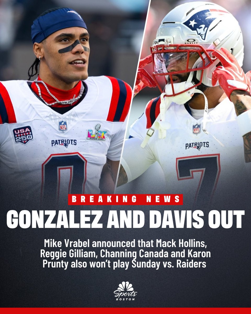 NBCSBoston's tweet photo. The Patriots will be without a couple key players, including Christian Gonzalez, against the Raiders on Sunday 🏈 https://t.co/vevUfhxhHx