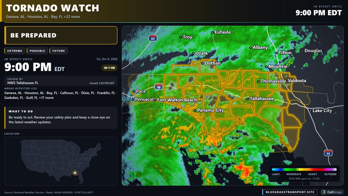 James_Weather41's tweet photo. A #tornado watch has been issued for parts of #Alabama, #Florida and #Georgia until 9 PM EDT ahead of Major Hurricane #Isaias.

Know your plan in case of a tornado warning, flood, and have a way to get warnings! https://t.co/wKmIk0mA3X