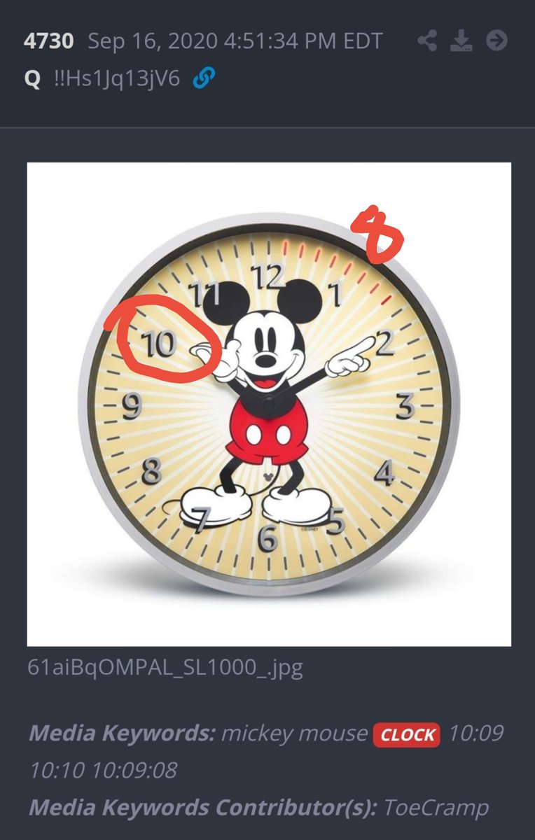 WeTheAnonn17's tweet photo. Mickey Mouse Clock Is Set To 10/2

10/2 = 10/10 The Death Of Superman Christopher Reeve 🦸‍♂️

10/8 Is Two Days Early &amp; There Are 8 Red Dots Lets Go 🎉

If Mickey Is Pointing To 10/9 It Will Make For A Freaky Friday 👽 https://t.co/HVPTo0l2YQ