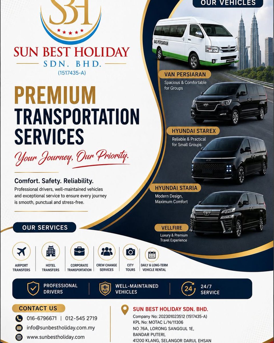 deiviestevan's tweet photo. From airport transfers to Singapore and Hatyai journeys, Sun Best Holiday offers 24/7 stress-free travel with professional drivers. Premium fleet: Vellfire, Hyundai Staria, Starex and spacious tour vans. Based in Klang, Selangor. Call 016-6796671 https://t.co/01rb71BeGV