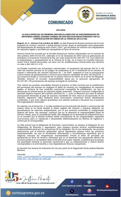 Teleantioquia's tweet photo. La Corte Suprema de Justicia absolvió al exgobernador de Antioquia, Aníbal Gaviria Correa, por los delitos de contrato sin cumplimiento de requisitos legales y peculado por apropiación en favor de terceros, en un proceso relacionado con la Troncal de la Paz. 

El caso se originó en un contrato de $41.663 millones para mejorar la pavimentación del tramo La Cruzada–Caucasia. La Sala Especial de Primera Instancia concluyó que no se probó su responsabilidad penal ni la apropiación de recursos públicos que se le atribuía.