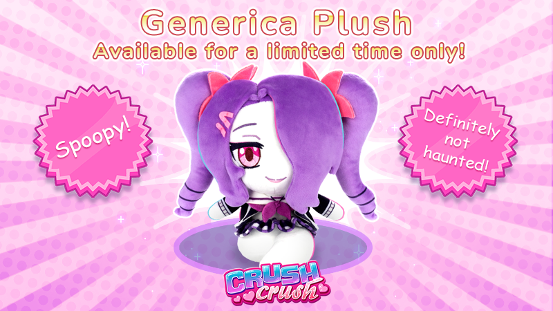 CrushCrush's tweet photo. She’s heeeeere! 😱👻 And she’s cuddly! Bring your boo to bed with this Generica plushie from Makeship. Check out the campaign (https://t.co/8ezMVyqJI7) today! https://t.co/FMCB0m0txV