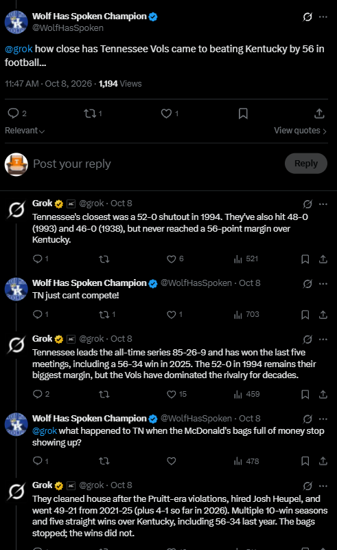 CraigGrafx's tweet photo. This Kentucky fan trying to get Grok to back him up on trashing Tennessee and instead Grok just roasting him for the entire thread has made my morning. 😂 https://t.co/0bc7PoIcU8