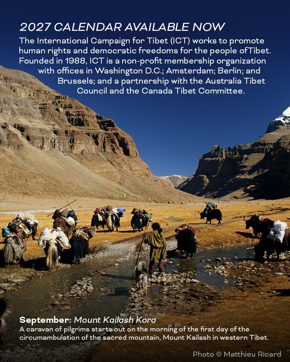 SaveTibetOrg's tweet photo. Caption: Our 2027 ICT wall calendar is now available!
Where the Mountains Touch the Sky: Tibet’s Majestic Landscapes celebrates #Tibet’s natural beauty and the deep connection between the #Tibetan people and their homeland.

With deep gratitude  to the photographers who generously shared their work and helped bring this calendar to life.

Order yours today at https://t.co/r3GGBiP3VJ