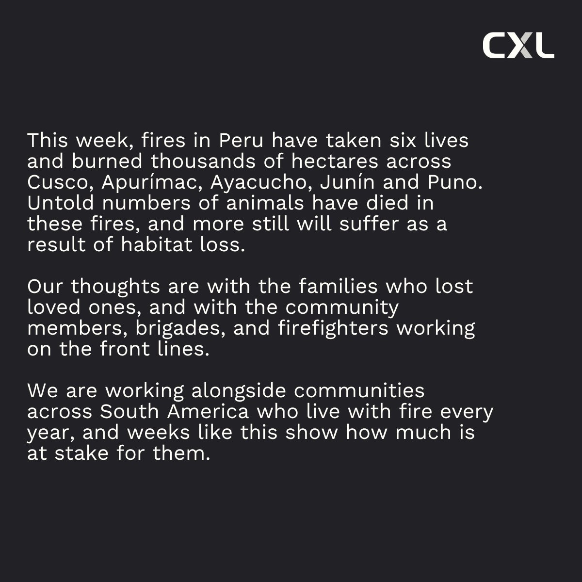 conservationx's tweet photo. Our hearts are with the families, communities, and firefighters of Peru. https://t.co/pIZxz2VbKF