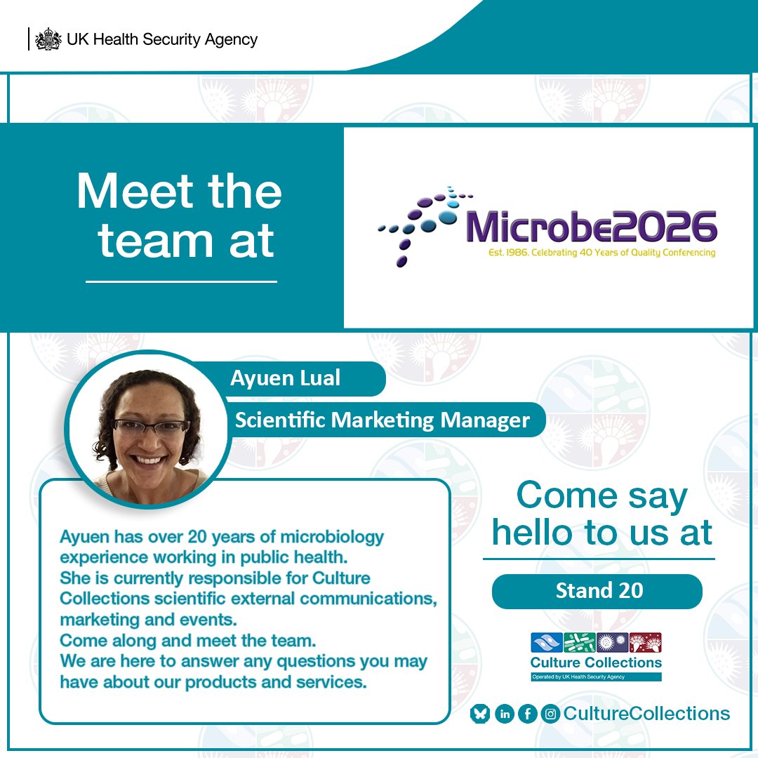 NCPV's tweet photo. π Day 1 at #Microbe2026.
Meet the team at Stand 20 and learn how Culture Collections supports microbiology laboratories, research, and quality assurance.
#BiomedicalScience #Microbiology #NCTC #NCPV https://t.co/y9yEXtGl2z