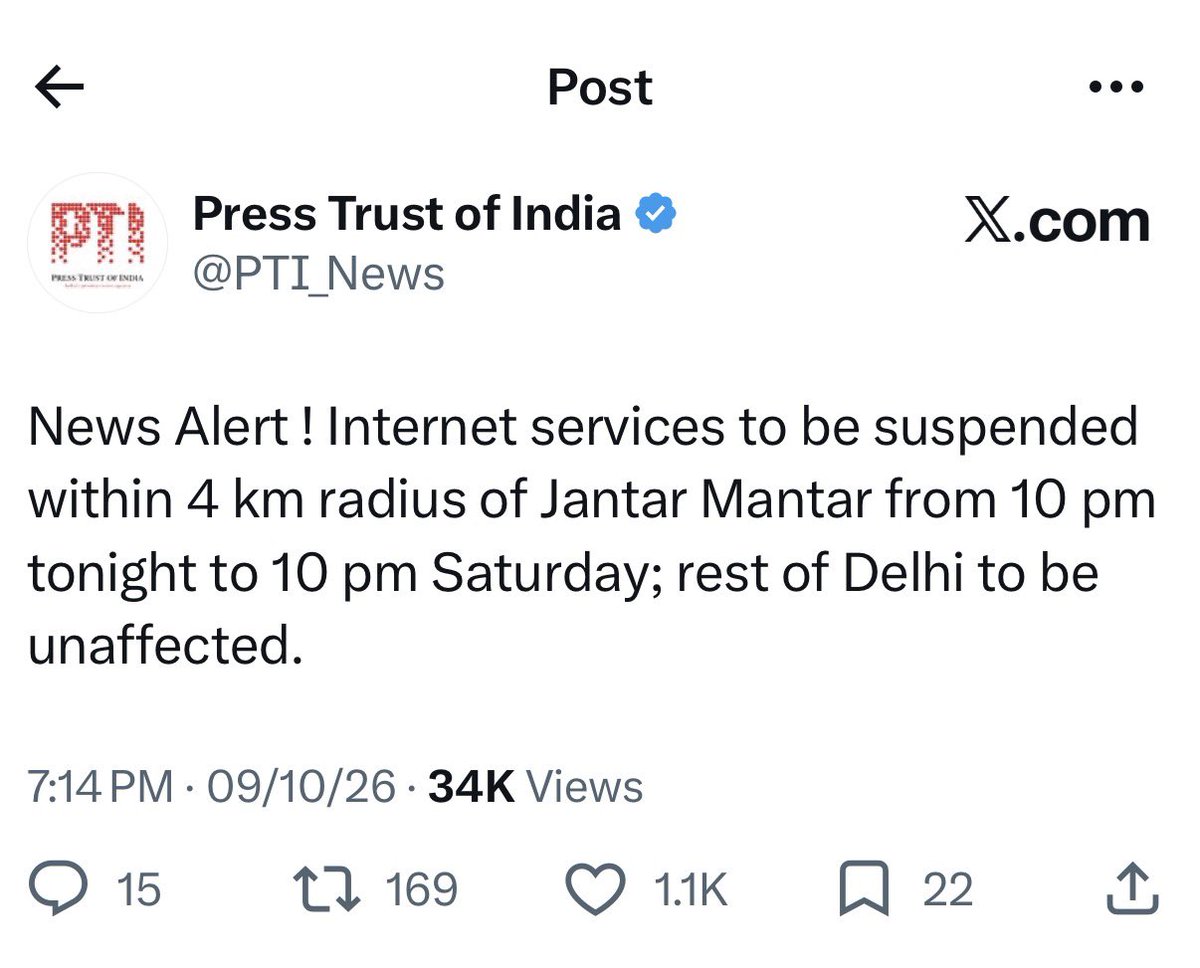DrNimoYadav's tweet photo. I hope @elonmusk never finds out that internet services are being suspended around Jantar Mantar, right in the heart of India’s capital, Delhi, according to today’s order. 😭

This internet shit is going to become epic. 💀

Please don’t tag Elon or RT this tweet. https://t.co/A6iDktGdK4