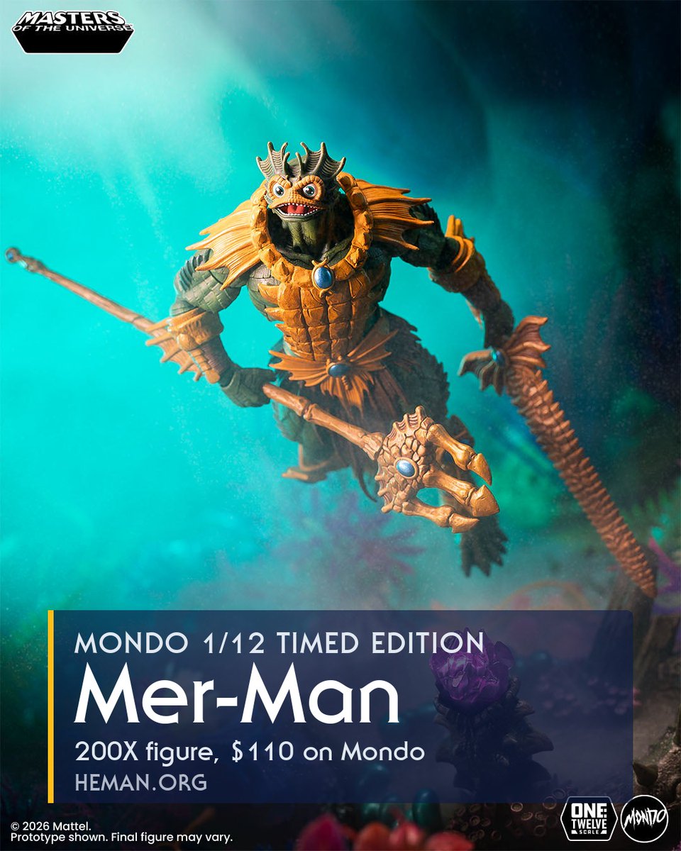 hemanorg's tweet photo. Mondo's 200X Mer-Man is a 1/12 Timed Edition at $110. Pre-orders open Oct 13 at 9 AM PT and close Oct 23. Prototype shown, and we want all of it. https://t.co/eJosl4FcgQ https://t.co/qKz1Xf05Jf