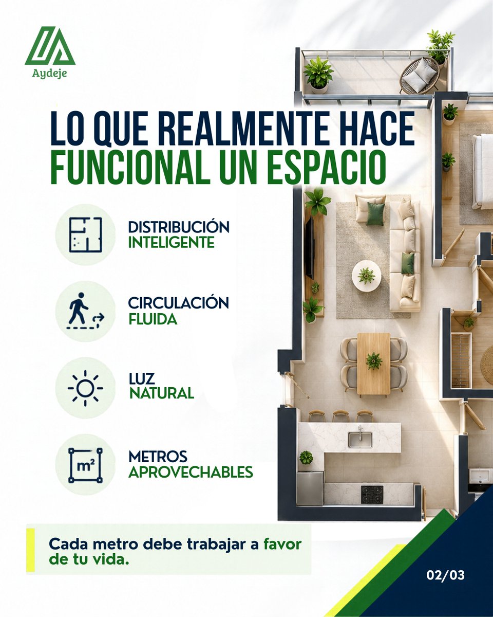 Aydeje's tweet photo. Una propiedad grande no siempre se vive mejor. Distribución, circulación, luz natural y espacios aprovechables pueden aportar más valor que los m².
Antes de comprar, evalúa cómo funciona el espacio.
#AYDEJE #BienesRaíces #Vivienda #DiseñoFuncional #Inmuebles https://t.co/5tnrn0J2HJ